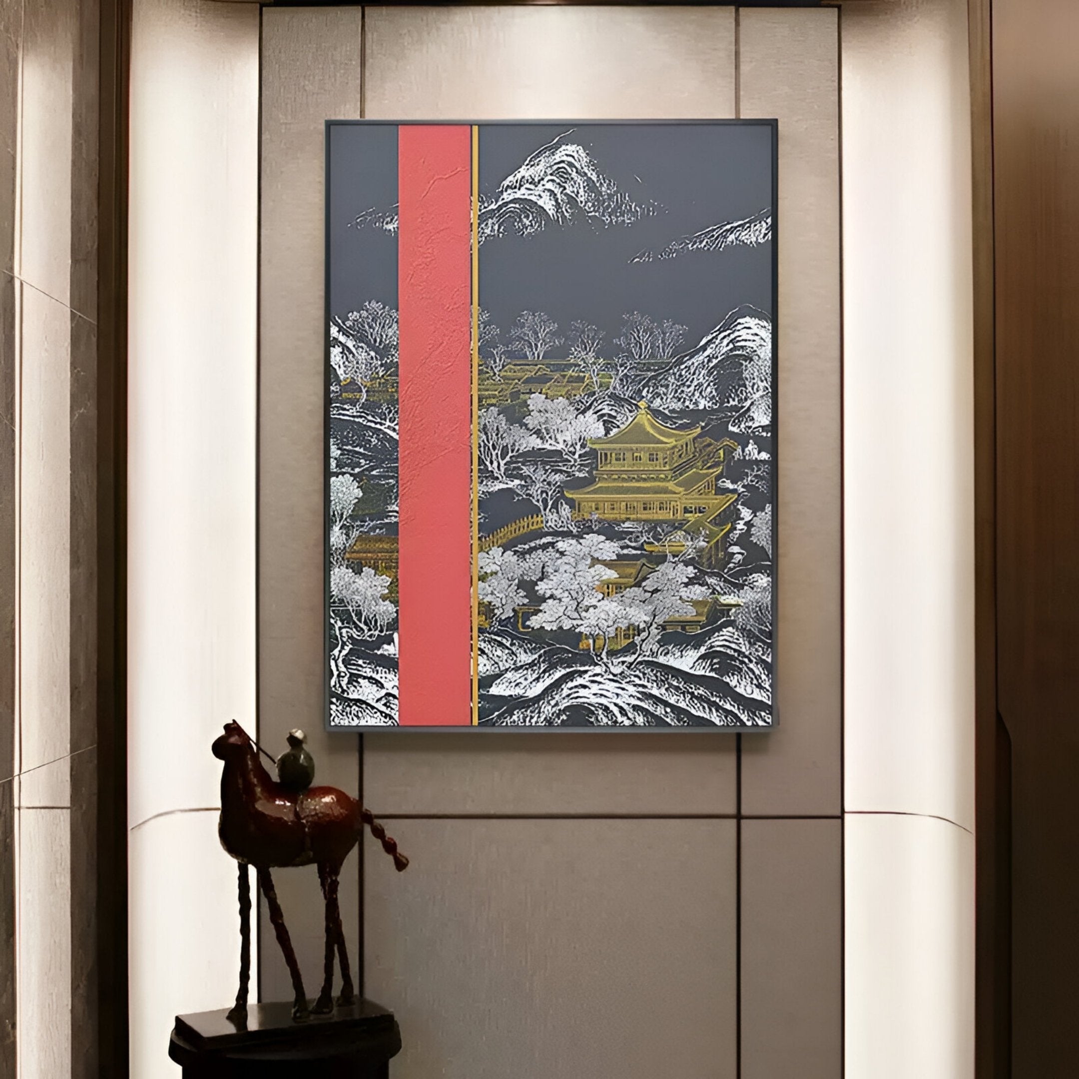 Yinjaro Crimson & Gold Temple Landscape 3D Wall Art