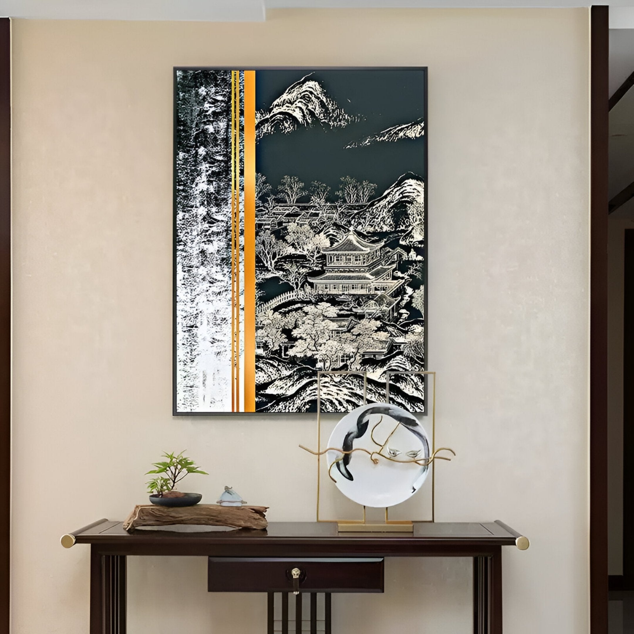 Yinjaro Monochrome & Amber Temple Landscape 3D Wall Art