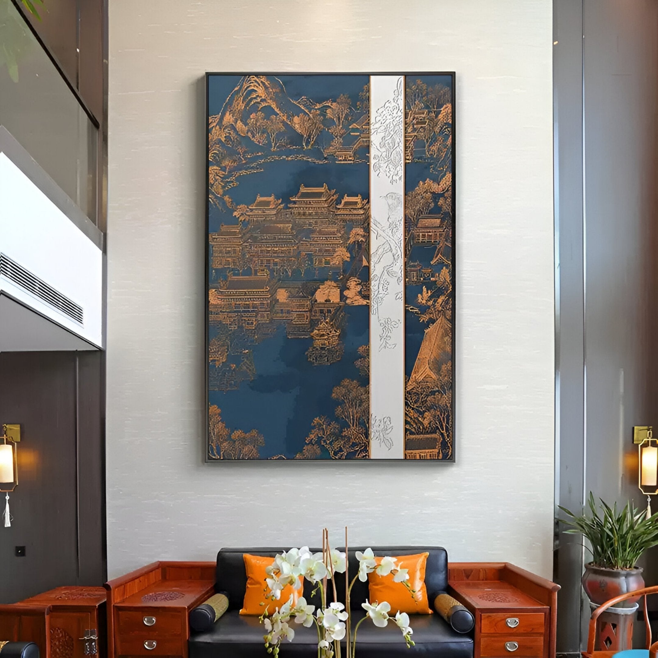 Yinjaro Navy & Bronze Temple Landscape 3D Wall Art