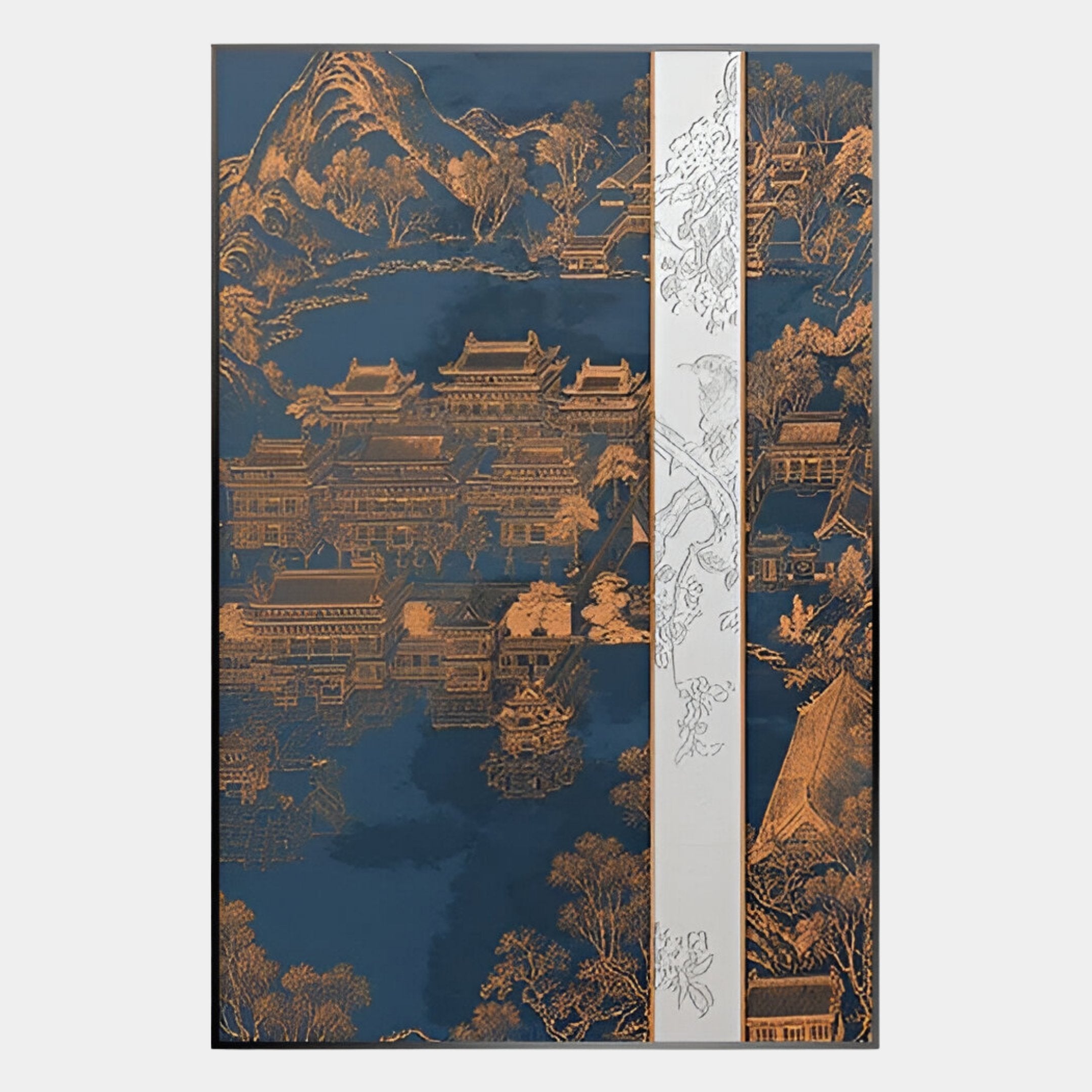 Yinjaro Navy & Bronze Temple Landscape 3D Wall Art