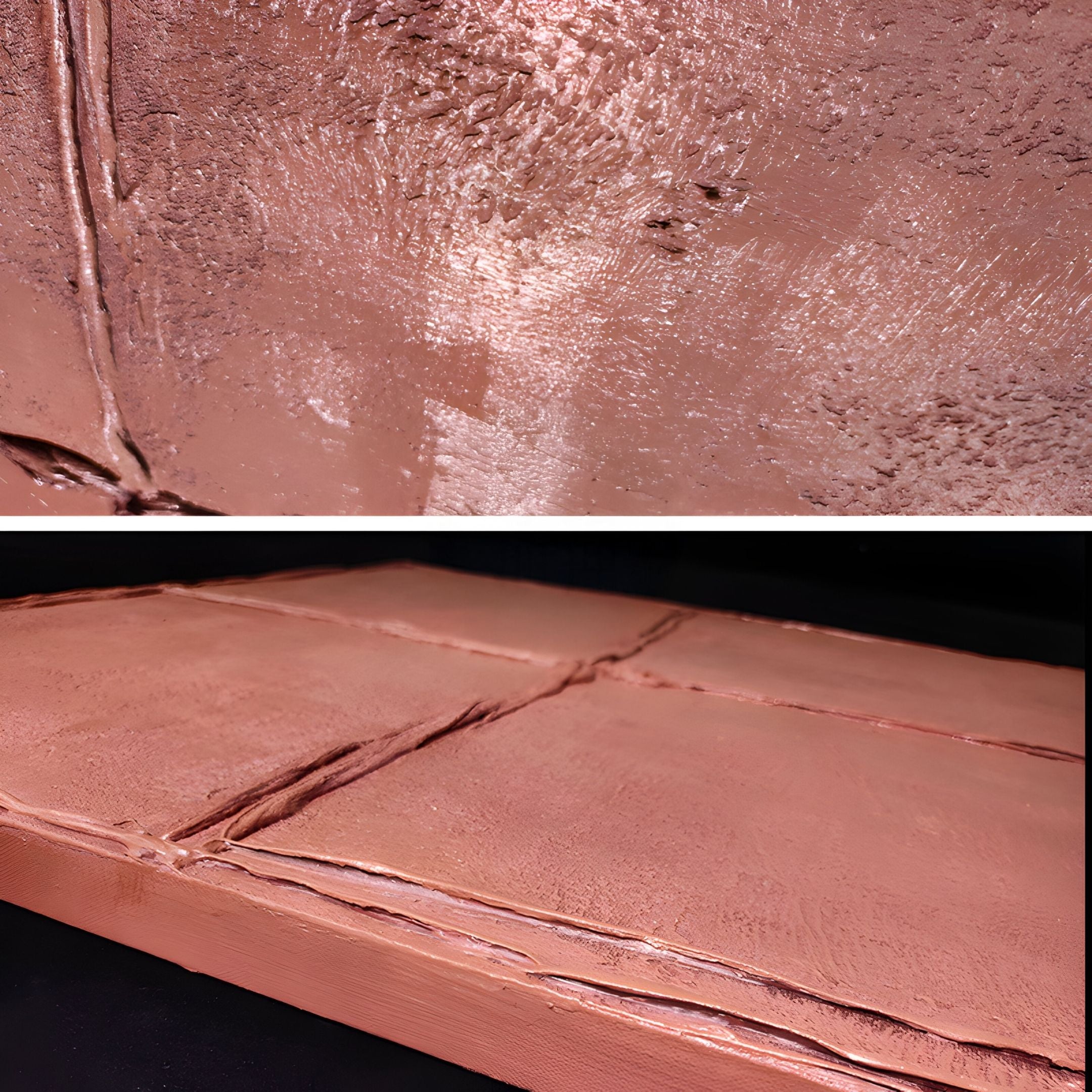 Close-up of Terracrecta Rose Painted Textured Square 3D Wall Art by Giant Sculptures reveals metallic copper tones, large uneven sections, and cracked, reflective textures—perfect for wabi-sabi-inspired interiors and unique decor.