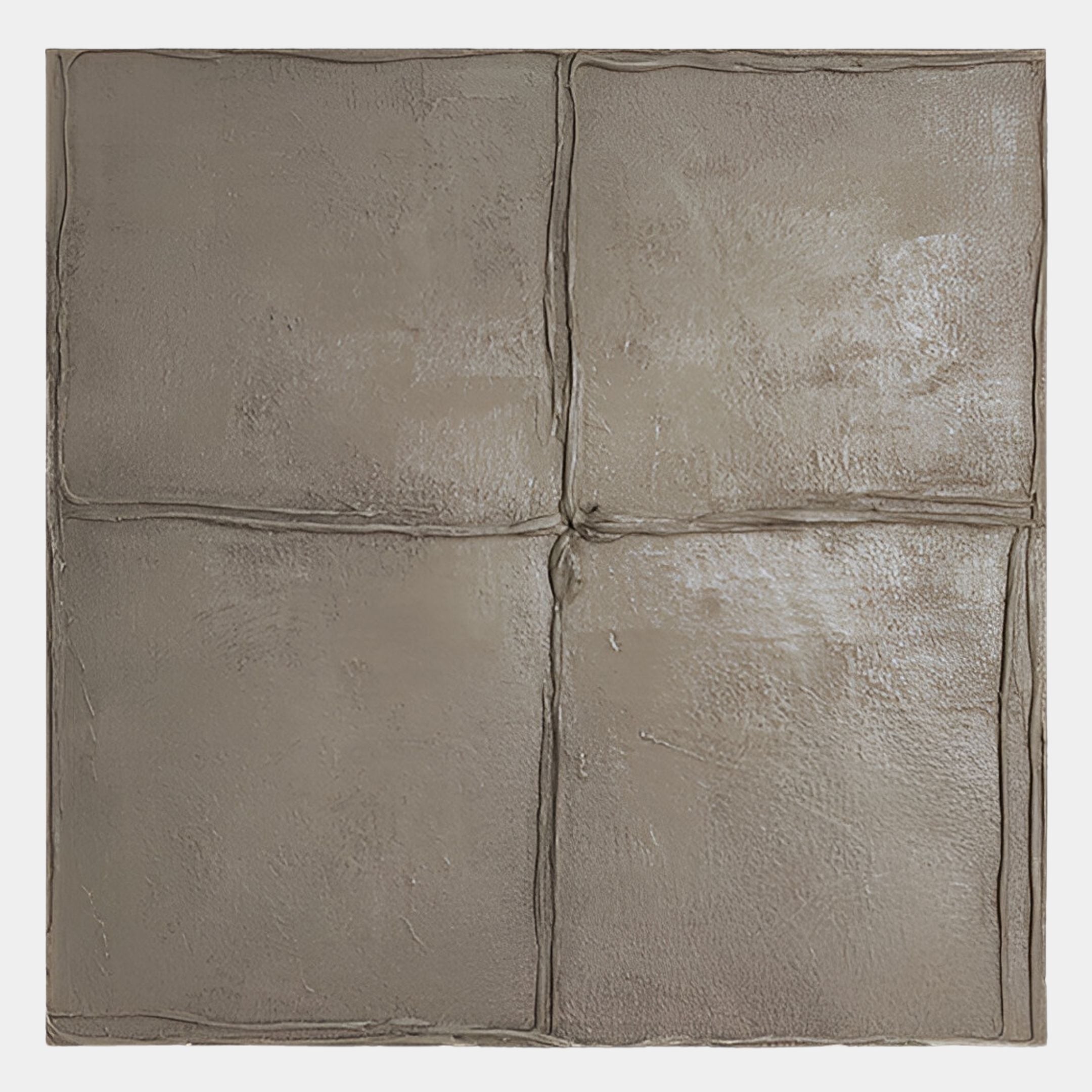 The Terracrecta Taupe Painted Textured Square 3D Wall Art by Giant Sculptures features hand-painted neutral taupe divided into four uneven sections with raised lines, forming a subtle grid and tactile surface ideal for modern spaces.