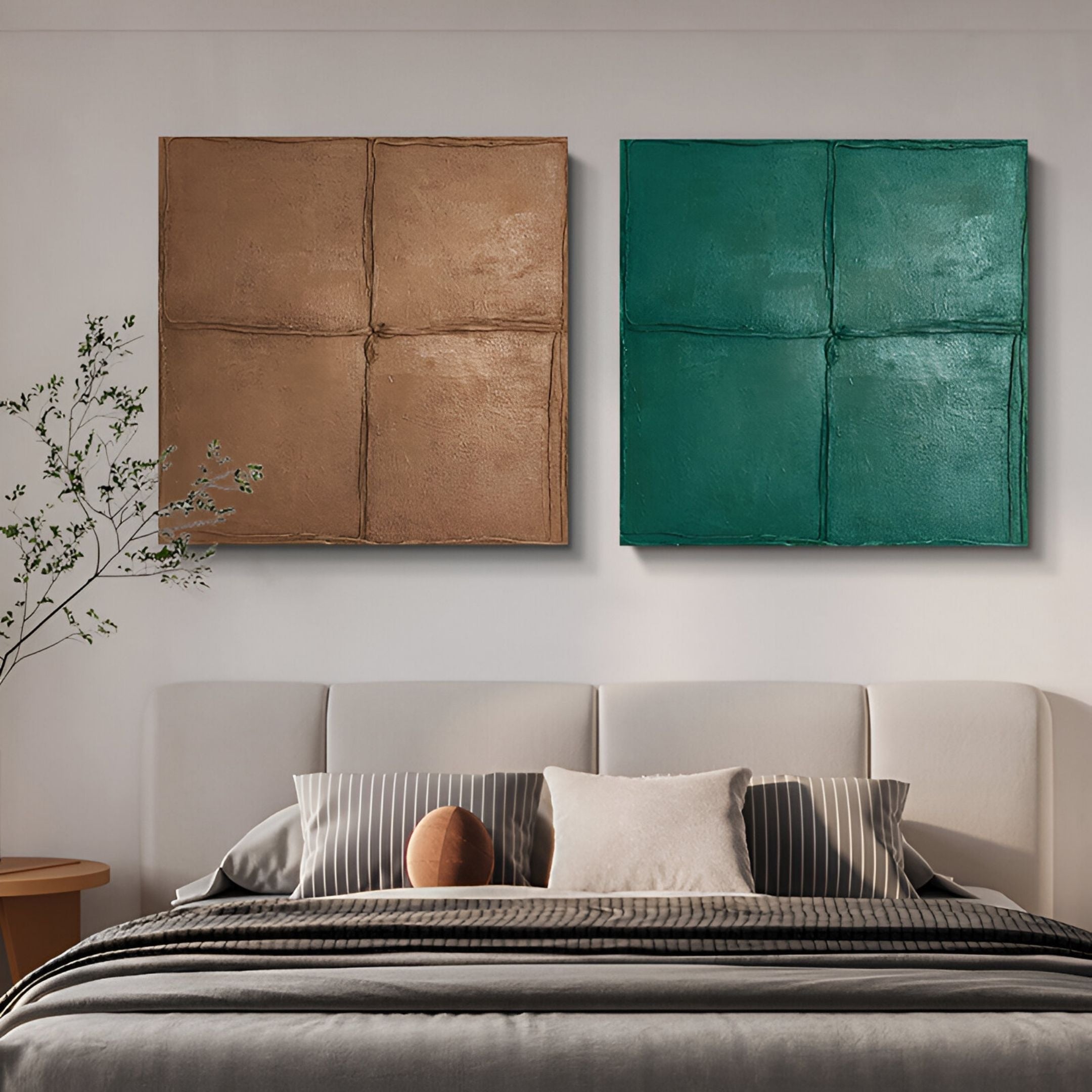 A modern bedroom showcases a light bed with striped pillows, a brown cushion, and two Giant Sculptures Terracrecta Deep Green Painted Textured Square 3D Wall Art pieces above. A plant rests on a small wooden nightstand.