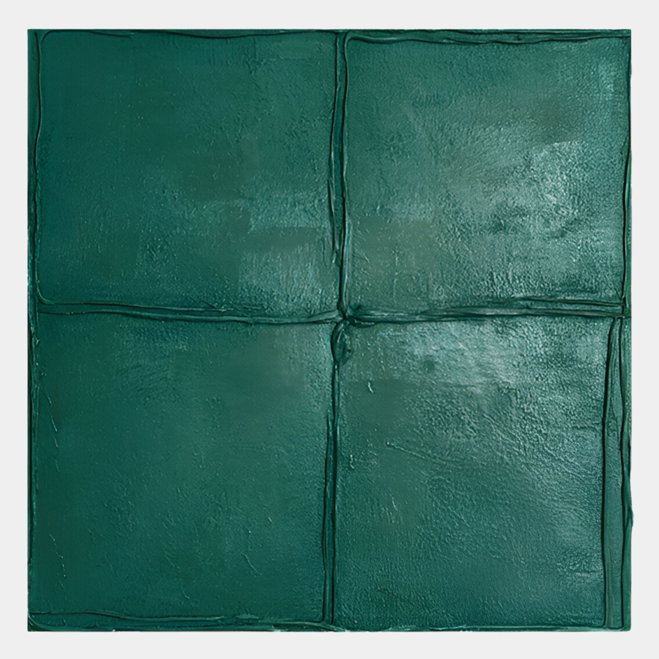 The Terracrecta Deep Green Painted Textured Square 3D Wall Art by Giant Sculptures features raised lines dividing the surface into four uneven sections, with a rough, painterly texture that lends a tactile, sculptural wabi-sabi feel.