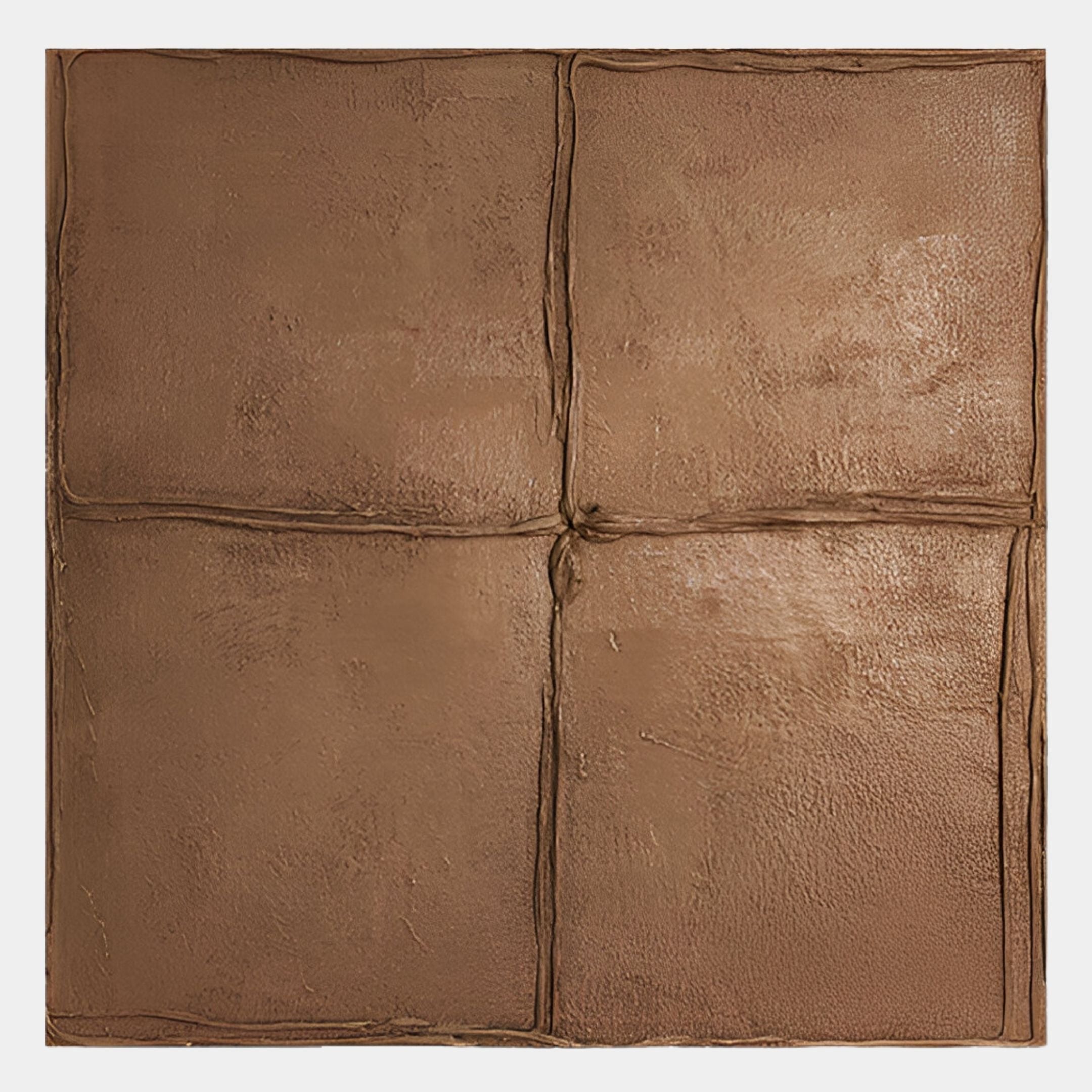 The Terracrecta Cocoa Brown Painted Textured Square 3D Wall Art by Giant Sculptures features a rustic, uneven surface with raised seams dividing it into four squares, adding dimension and style to your space.