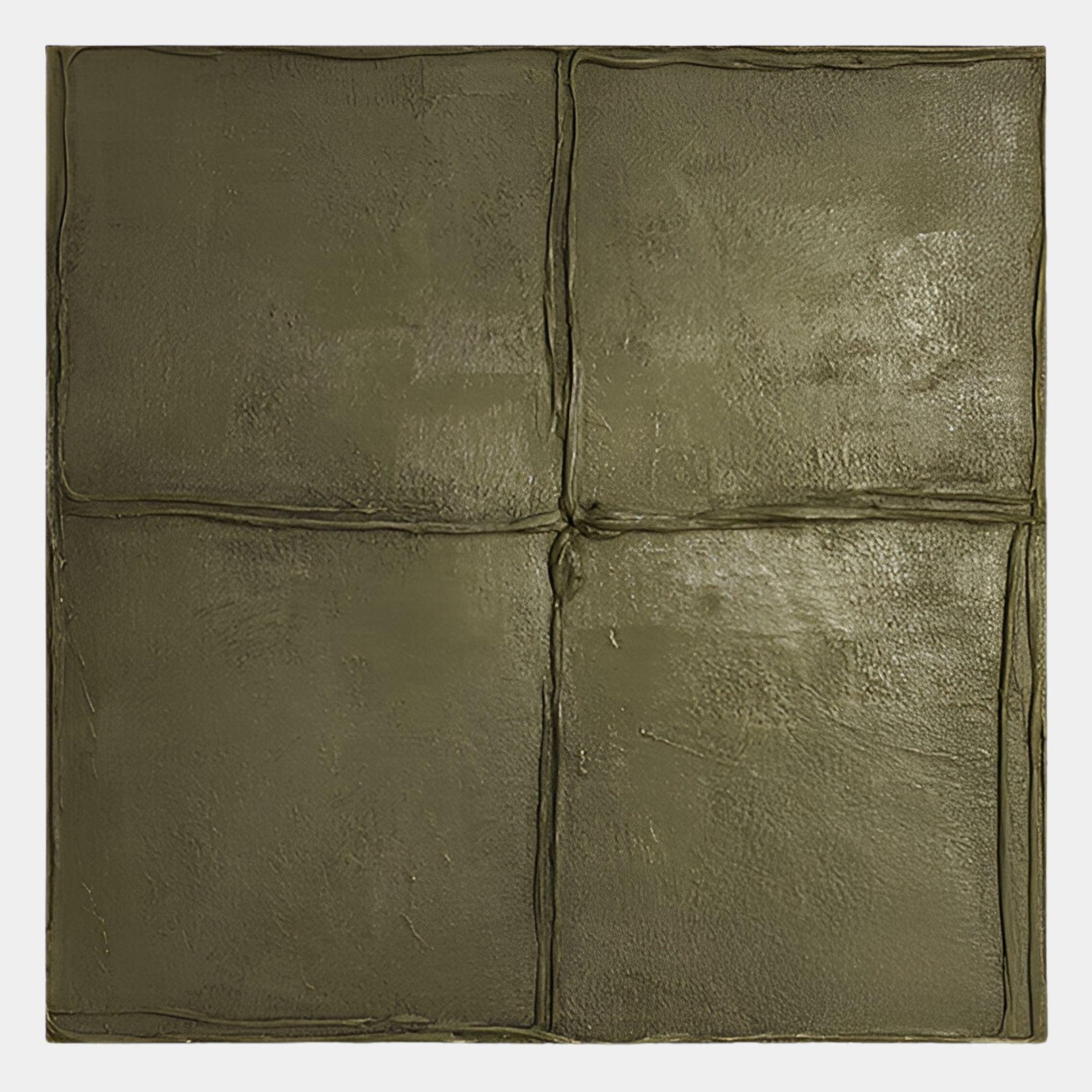 The Terracrecta Olive Painted Textured Square 3D Wall Art by Giant Sculptures features four raised sections in a textured olive finish, adding Wabi-Sabi charm with its rough surface and subtle shading to any decor.