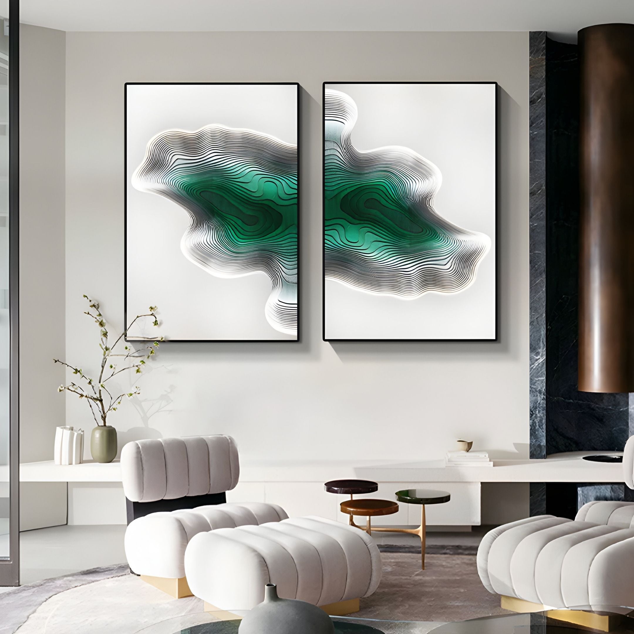 A modern living room with white curved chairs, round tables, and two Giant Sculptures Stratona Green Contour Layered Wood Relief 3D Wall Art pieces above a minimalist console table adorned with a small vase and branch.