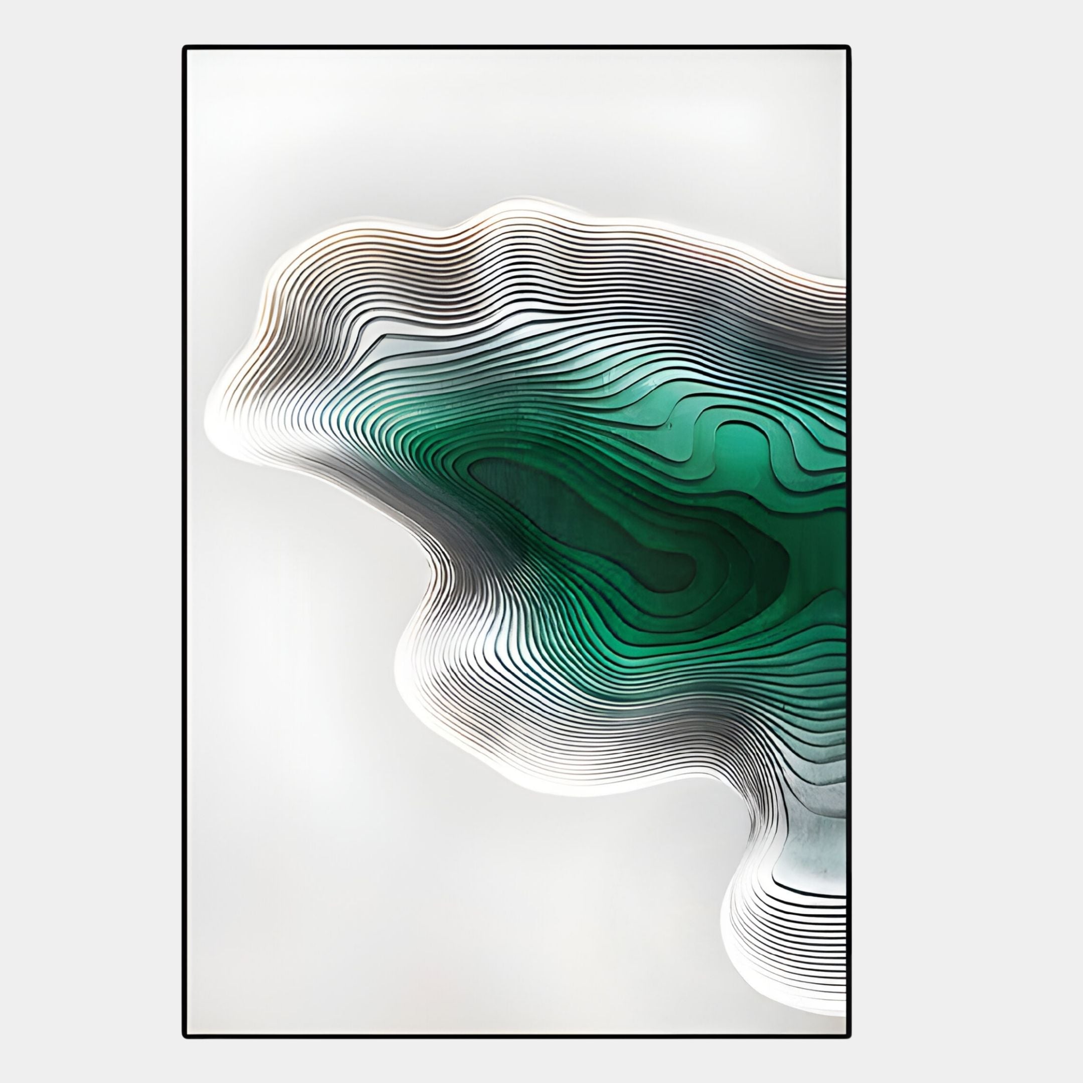 The Stratona Green Contour Layered Wood Relief 3D Wall Art by Giant Sculptures features wavy green, black, and white lines for a topographic effect. This abstract piece adds depth and organic style to any space with its three-dimensional layered design.