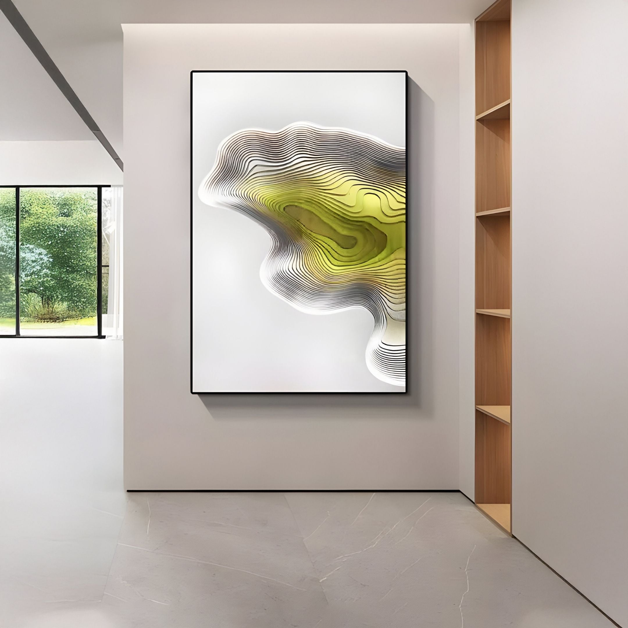A modern hallway with light gray floors and wooden shelves features the Stratona Yellow Contour Layered Wood Relief 3D Wall Art by Giant Sculptures, creating a striking focal point with its yellow, black, and green organic shapes on the white wall.