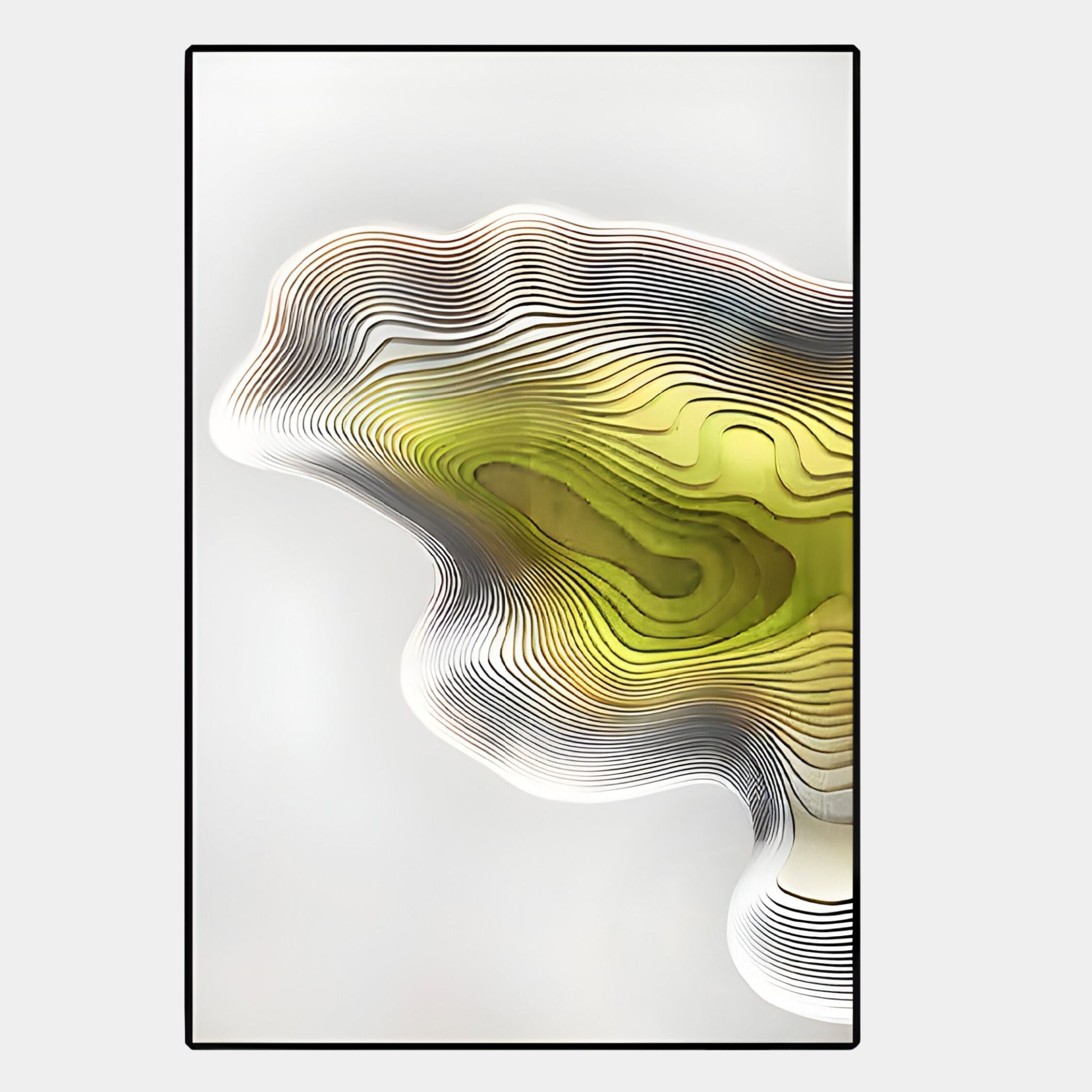 The Stratona Yellow Contour Layered Wood Relief 3D Wall Art by Giant Sculptures features abstract, wavy lines in black, white, green, and yellow on a light gray background with a black border for a striking topographic effect.