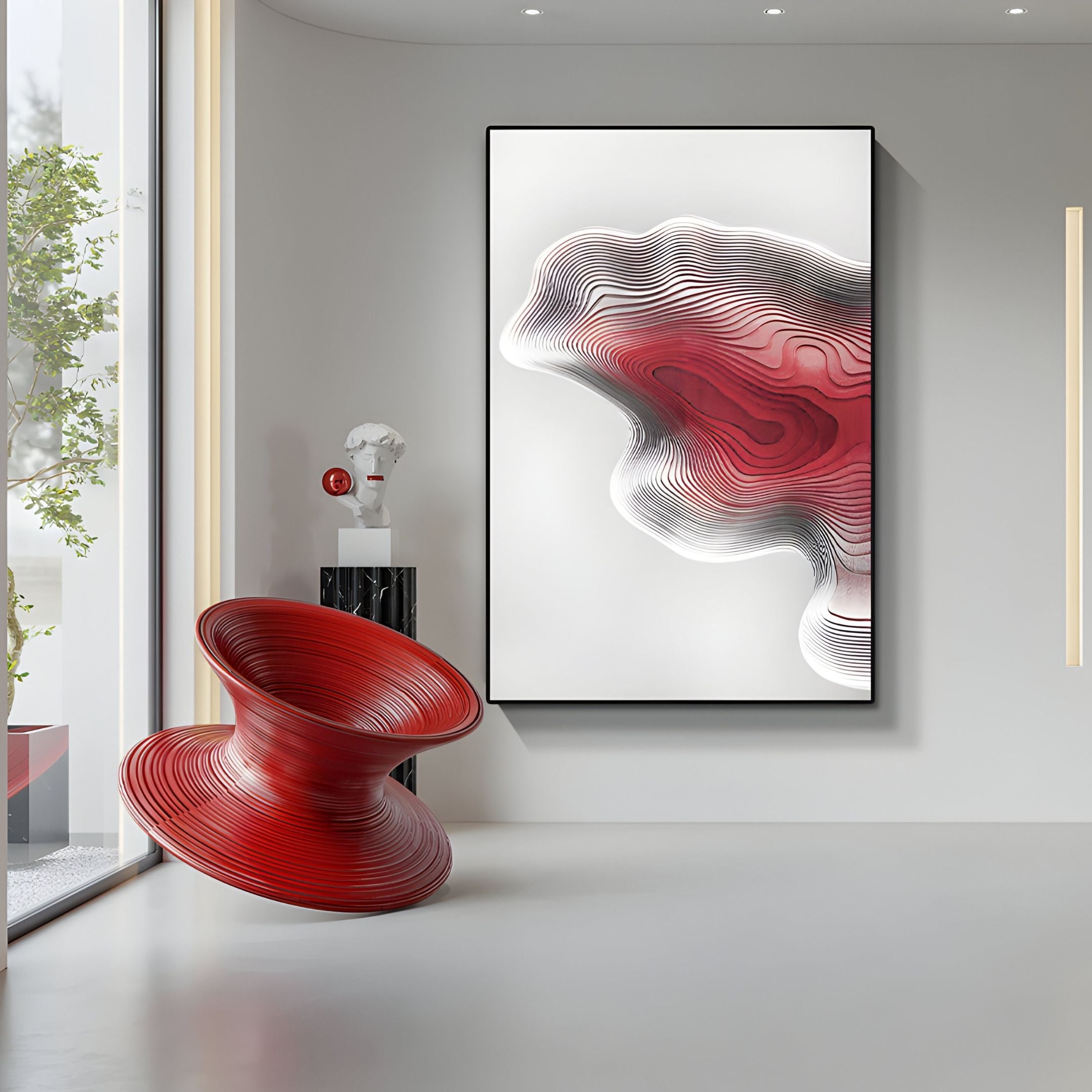 A modern, minimalistic room with a sculptural red spinning chair, a Giant Sculptures Stratona Red Contour Layered Wood Relief 3D Wall Art, a small pedestal with a white bust, and a window overlooking greenery—ideal for modern interiors.
