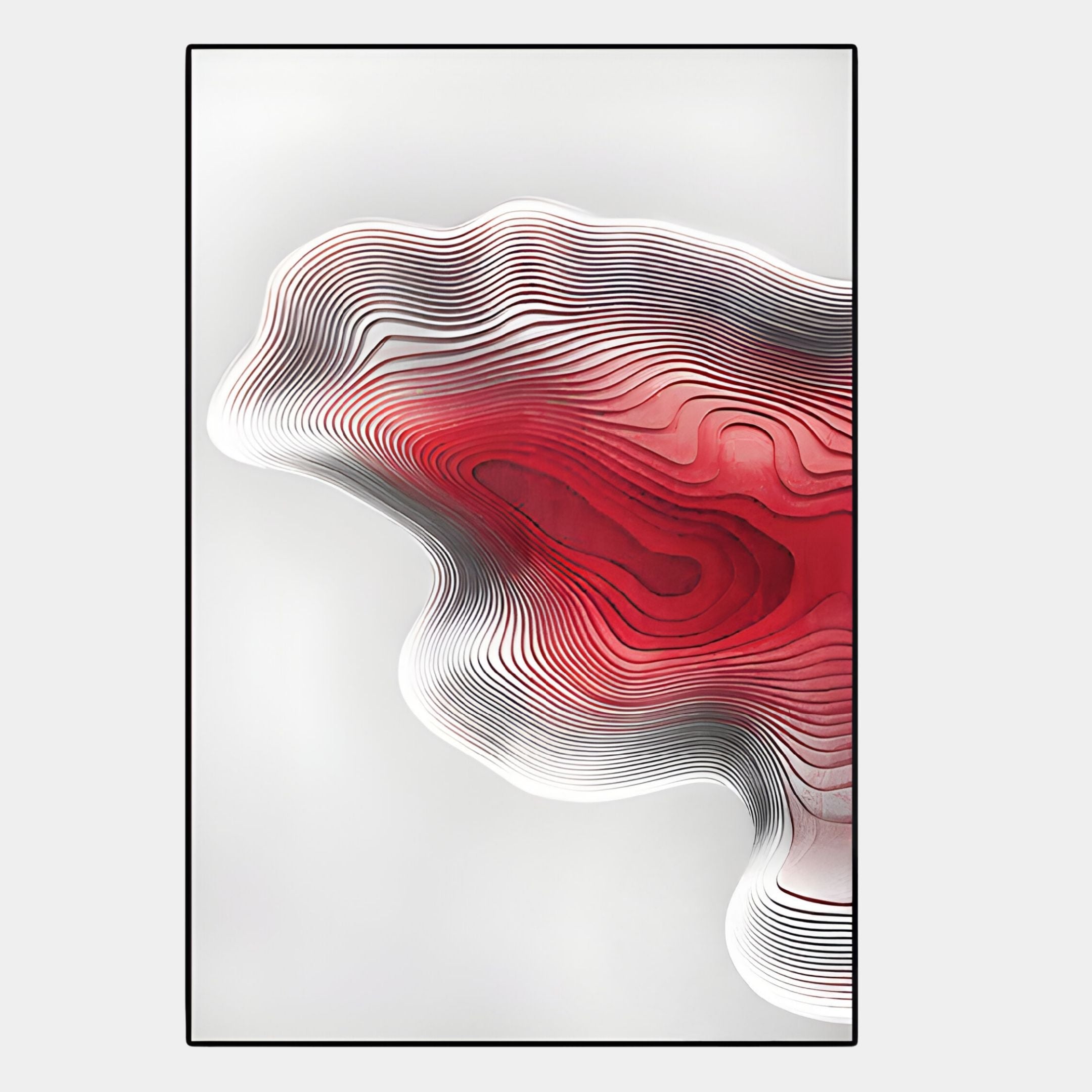 The Stratona Red Contour Layered Wood Relief 3D Wall Art by Giant Sculptures features wavy black and white lines, a red-accented center, and a topographic 3D design—ideal for adding depth to modern interiors.