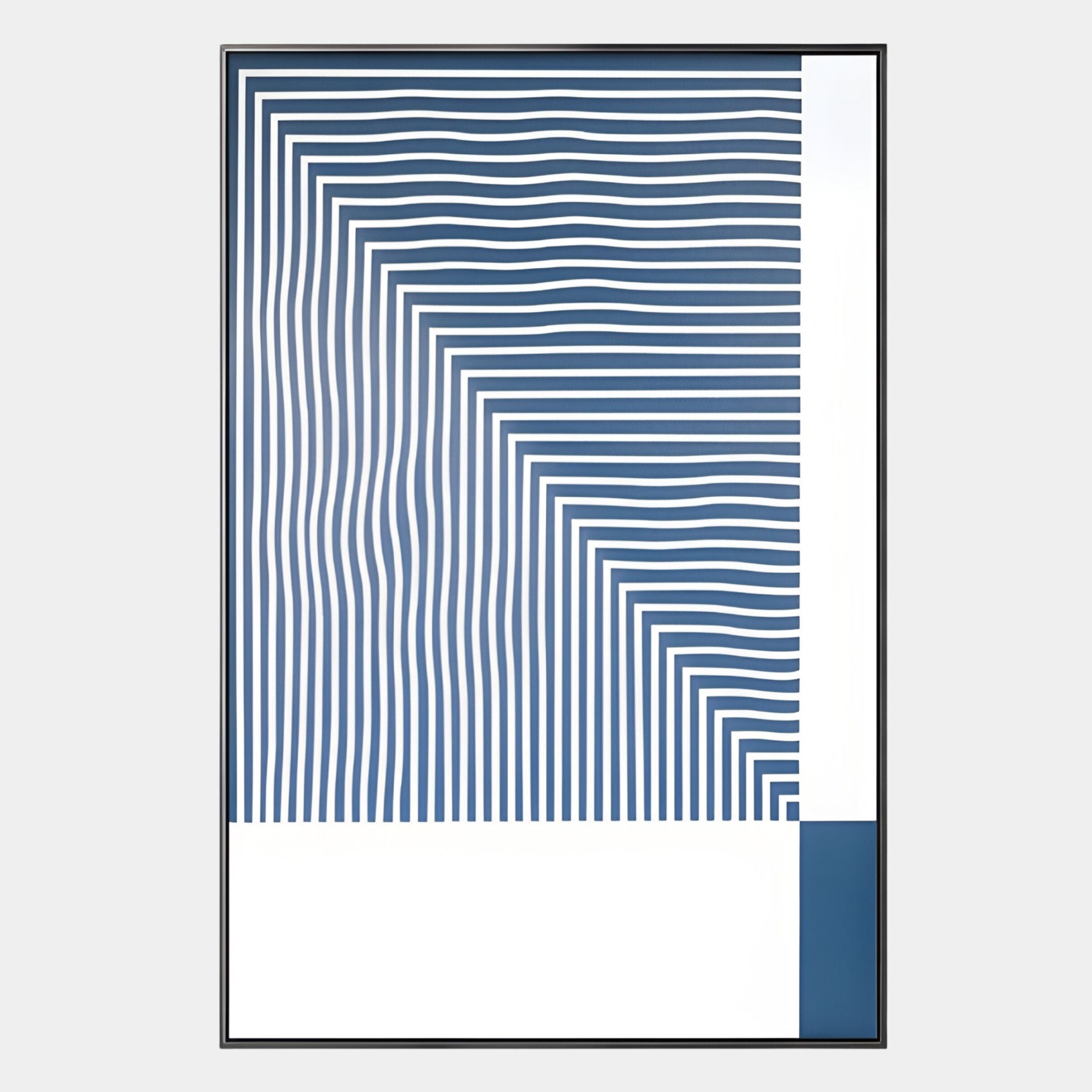 The Linscape Blue Linear Wood Relief 3D Wall Art by Giant Sculptures features wavy blue lines forming angular patterns on white, with a solid blue rectangle in the lower right and a thin black border for a modern, geometric look.