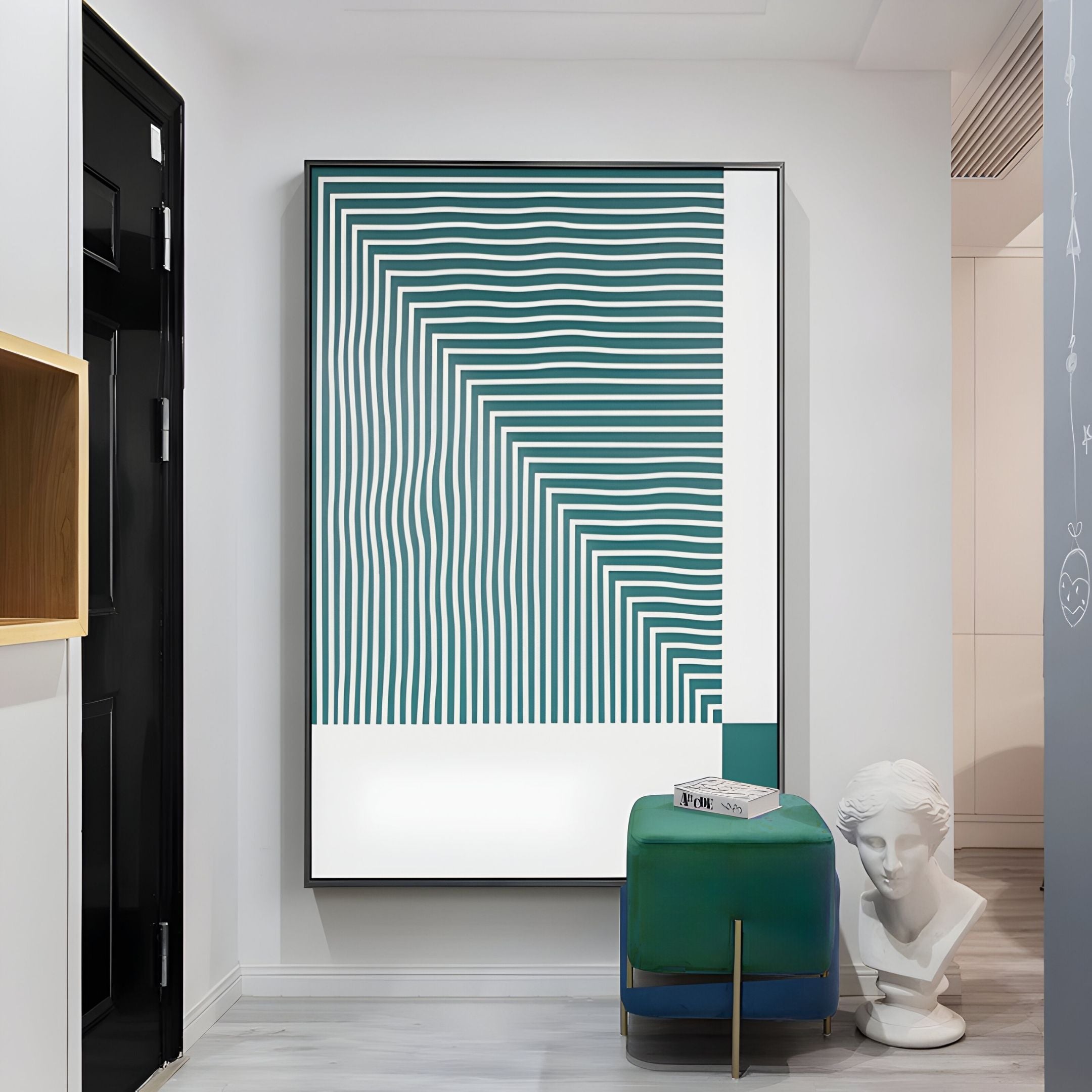 A modern interior featuring Giant Sculptures' Linscape Green Linear Wood Relief 3D Wall Art, wavy green and white lines, paired with a green and blue ottoman and a white classical bust on a light wooden floor.