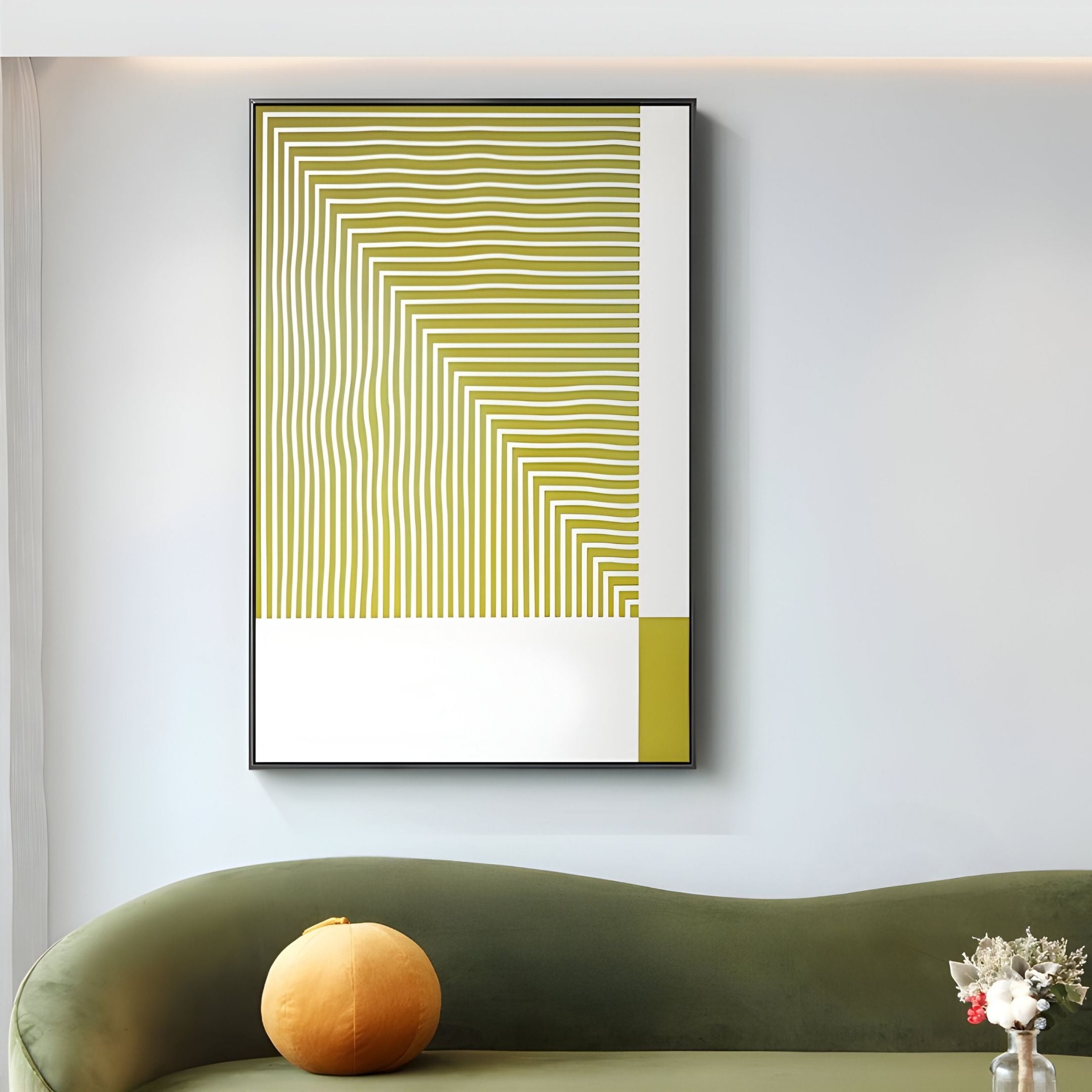 A modern living room with a green couch, a round yellow cushion, a small vase of flowers, and Giant Sculptures’ Linscape Yellow Linear Wood Relief 3D Wall Art featuring green and yellow geometric lines on a light gray wall.