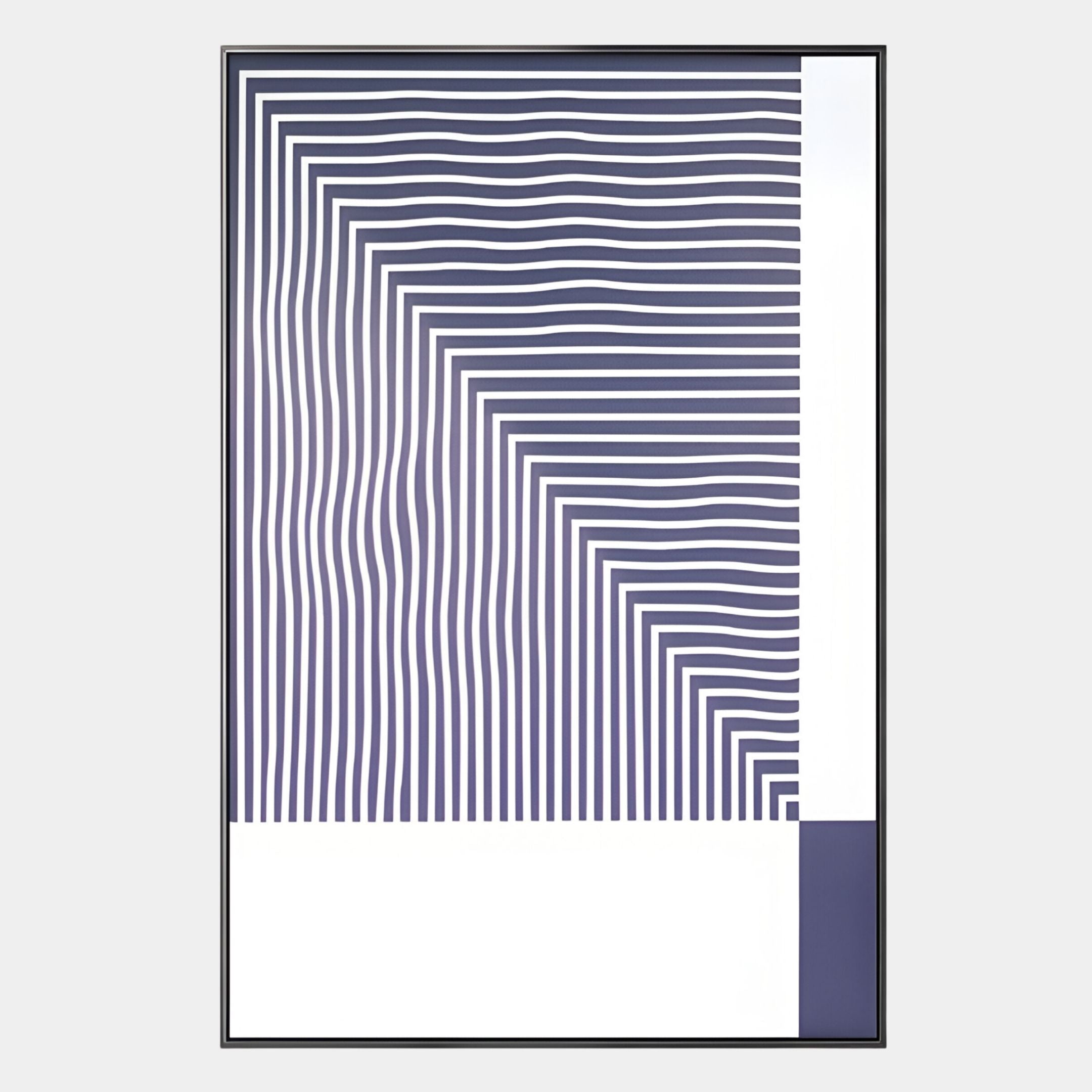 The Linscape Violet Linear Wood Relief 3D Wall Art by Giant Sculptures features navy wavy lines forming geometric right-angle shapes on white, with a solid navy rectangle, perfect for fans of modern 3D wall art.