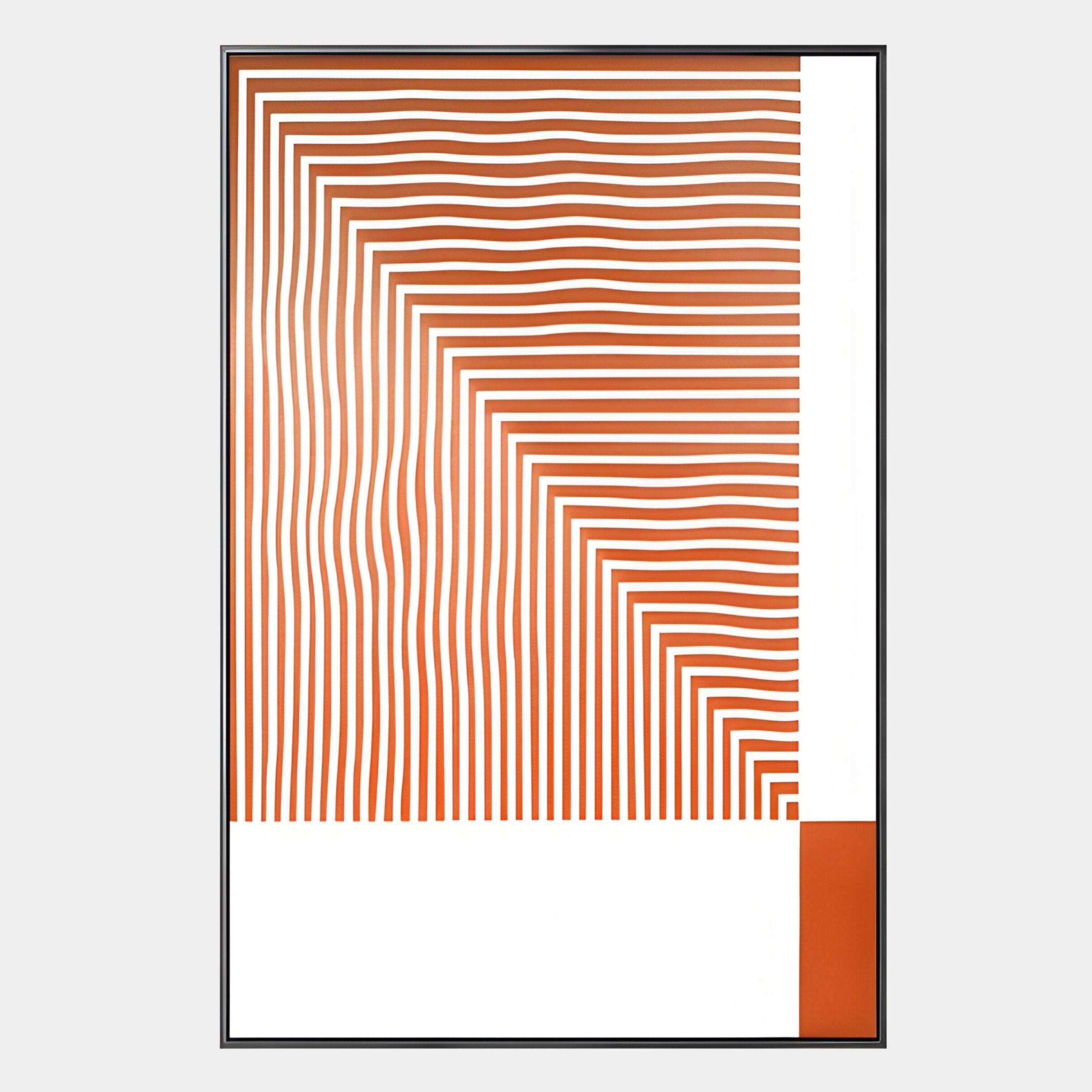 Linscape Tangerine Linear Wood Relief 3D Wall Art by Giant Sculptures features orange wavy lines and sharp right angles forming a geometric pattern with a solid orange rectangle—perfect contemporary decor for any space.