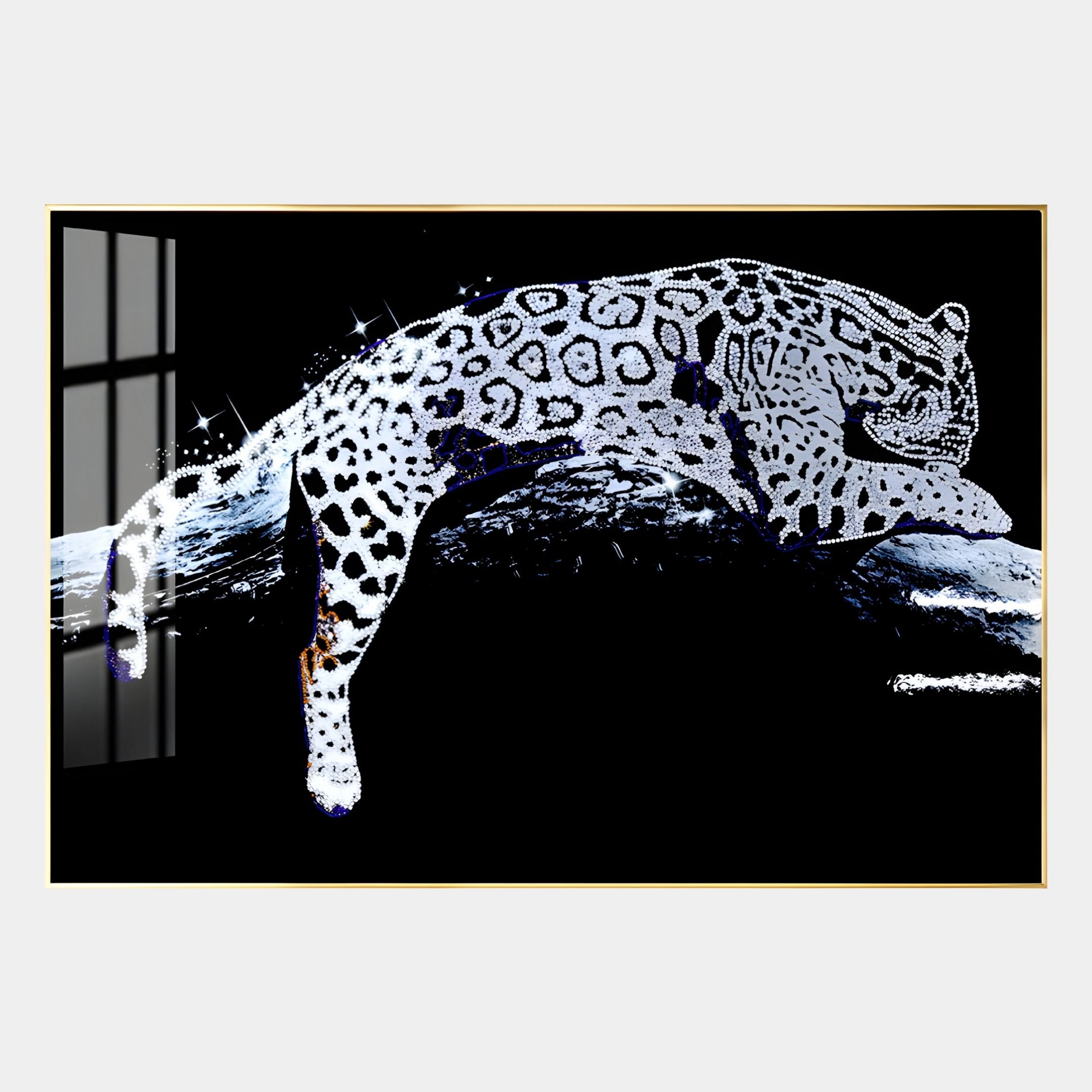 The Auravalor Silver Leopard Crystal Porcelain 3D Wall Art by Giant Sculptures features a sparkling silver leopard lounging on a branch against a black background, illuminated by window light—a stunning addition to any wall décor.