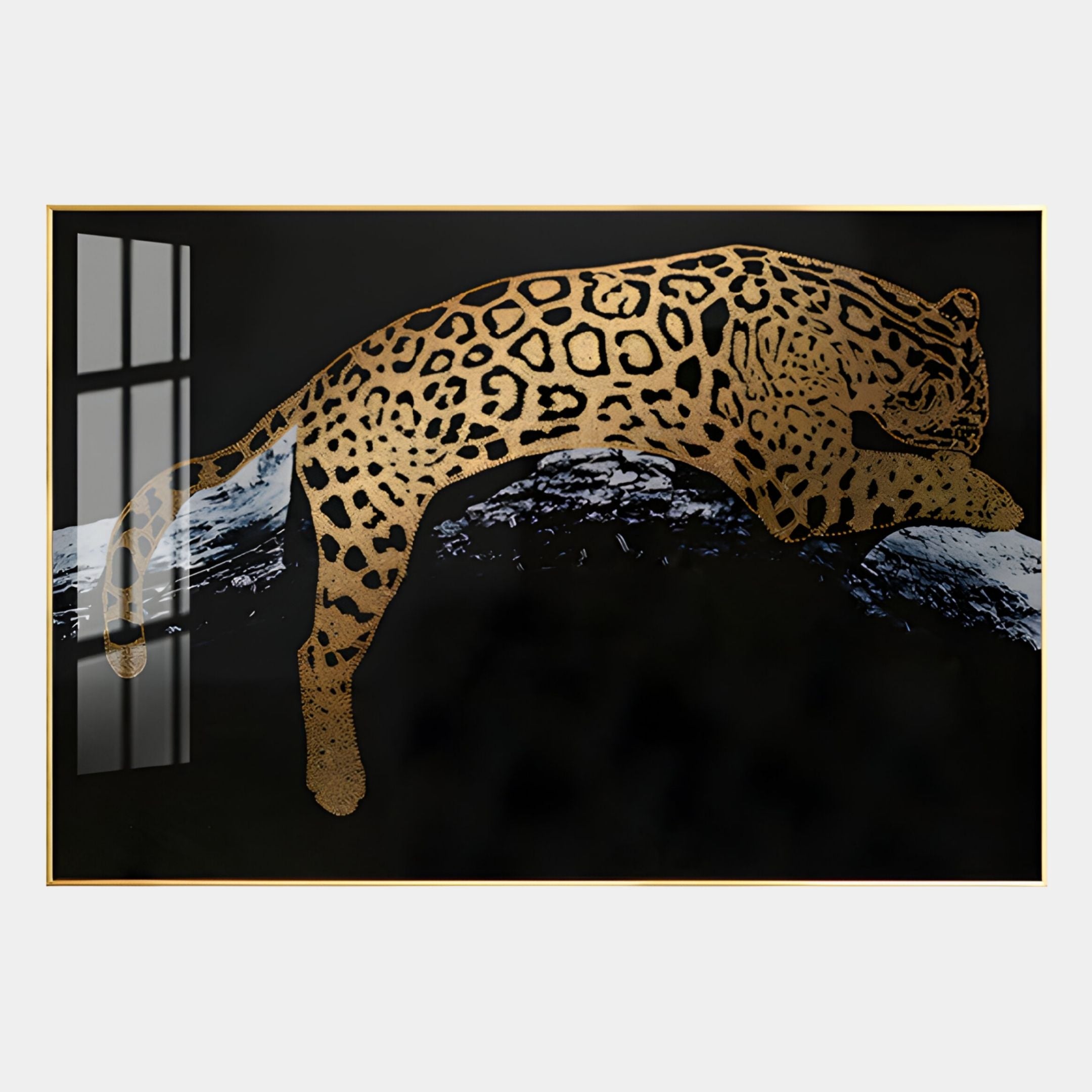 Auravalor Gold Leopard Crystal Porcelain 3D Wall Art by Giant Sculptures features a striking gold and black leopard lounging on a branch against a dark backdrop, highlighted by a glass-framed window reflection for luxurious decor.