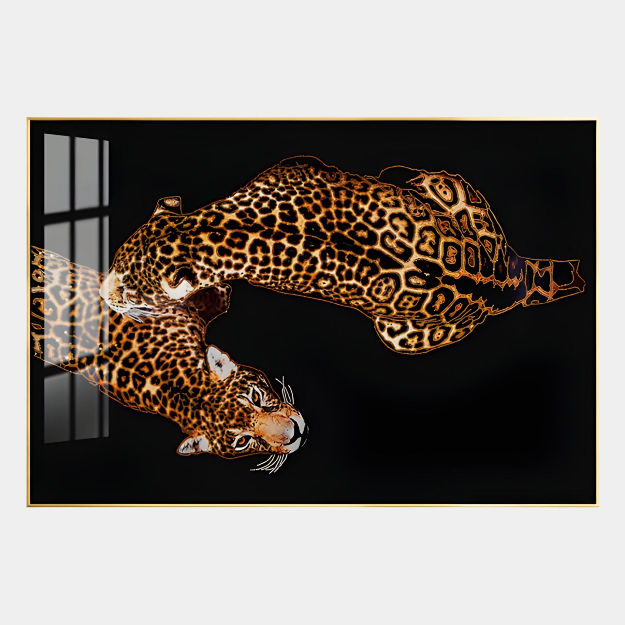 The Auravalor Twin Leopards Crystal Porcelain 3D Wall Art by Giant Sculptures captures two leopards on a glossy black surface, their spots vivid and reflections striking—ideal for luxury home decor with mirrored window light enhancing the dramatic scene.