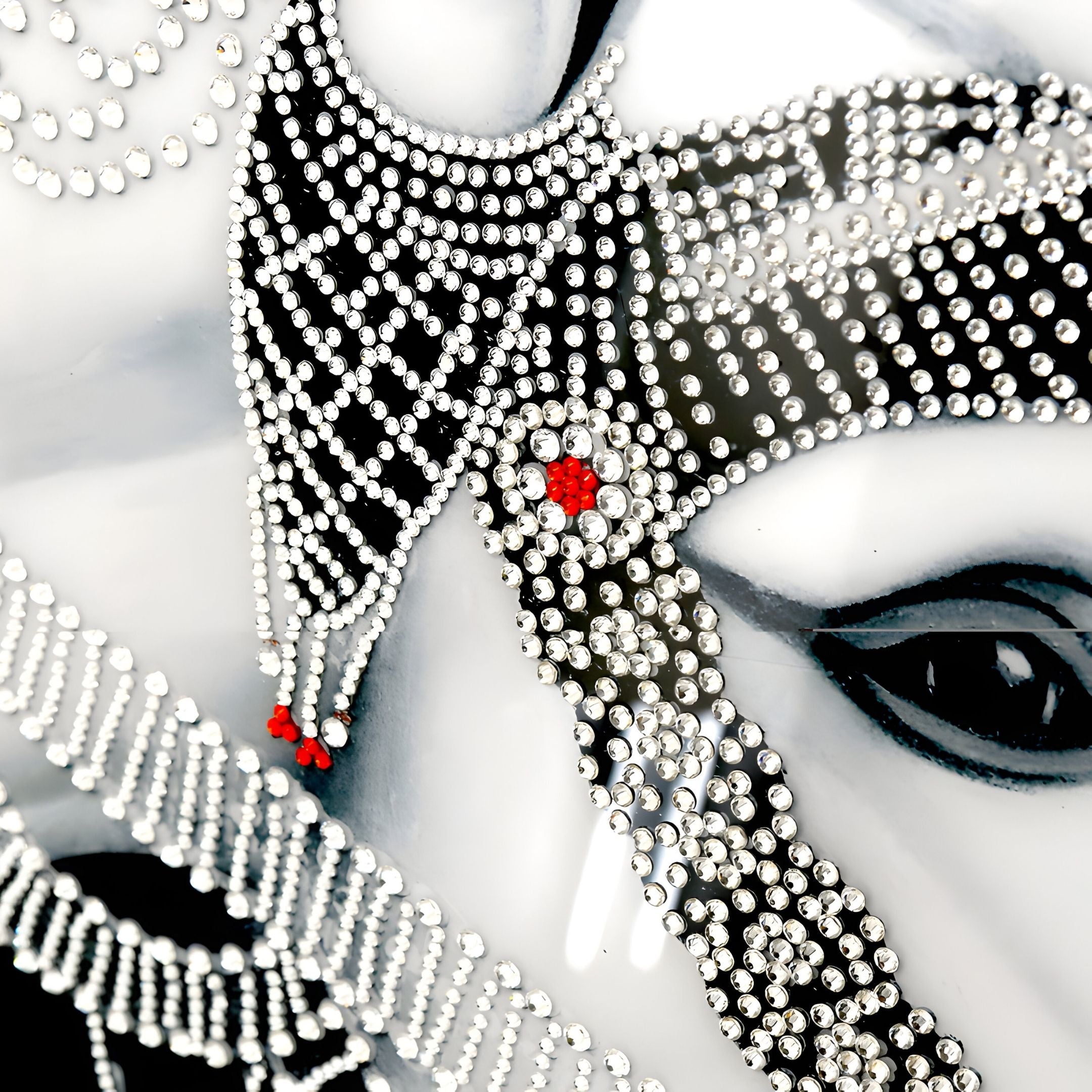 Close-up of the Auravalor White Stallion Crystal Porcelain 3D Wall Art by Giant Sculptures, featuring a stylized face with intricate rhinestone patterns and small red accents that highlight the eye and ornate details.