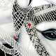 Close-up of the Auravalor White Stallion Crystal Porcelain 3D Wall Art by Giant Sculptures, featuring a stylized face with intricate rhinestone patterns and small red accents that highlight the eye and ornate details.