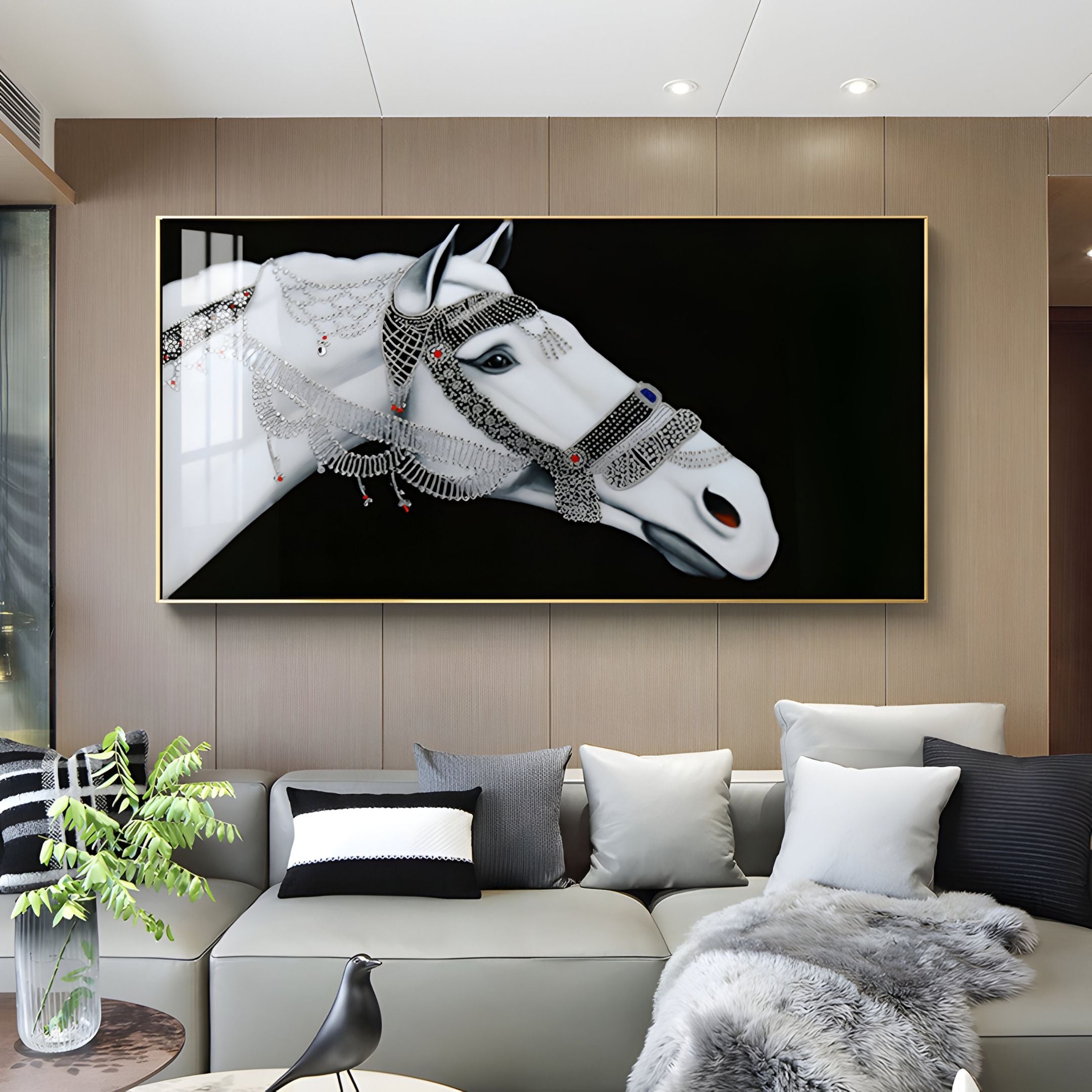 A modern living room features the Giant Sculptures Auravalor White Stallion Crystal Porcelain 3D Wall Art—a large framed piece above a gray sectional with cushions and a gray fur throw, adding luxury to the space.