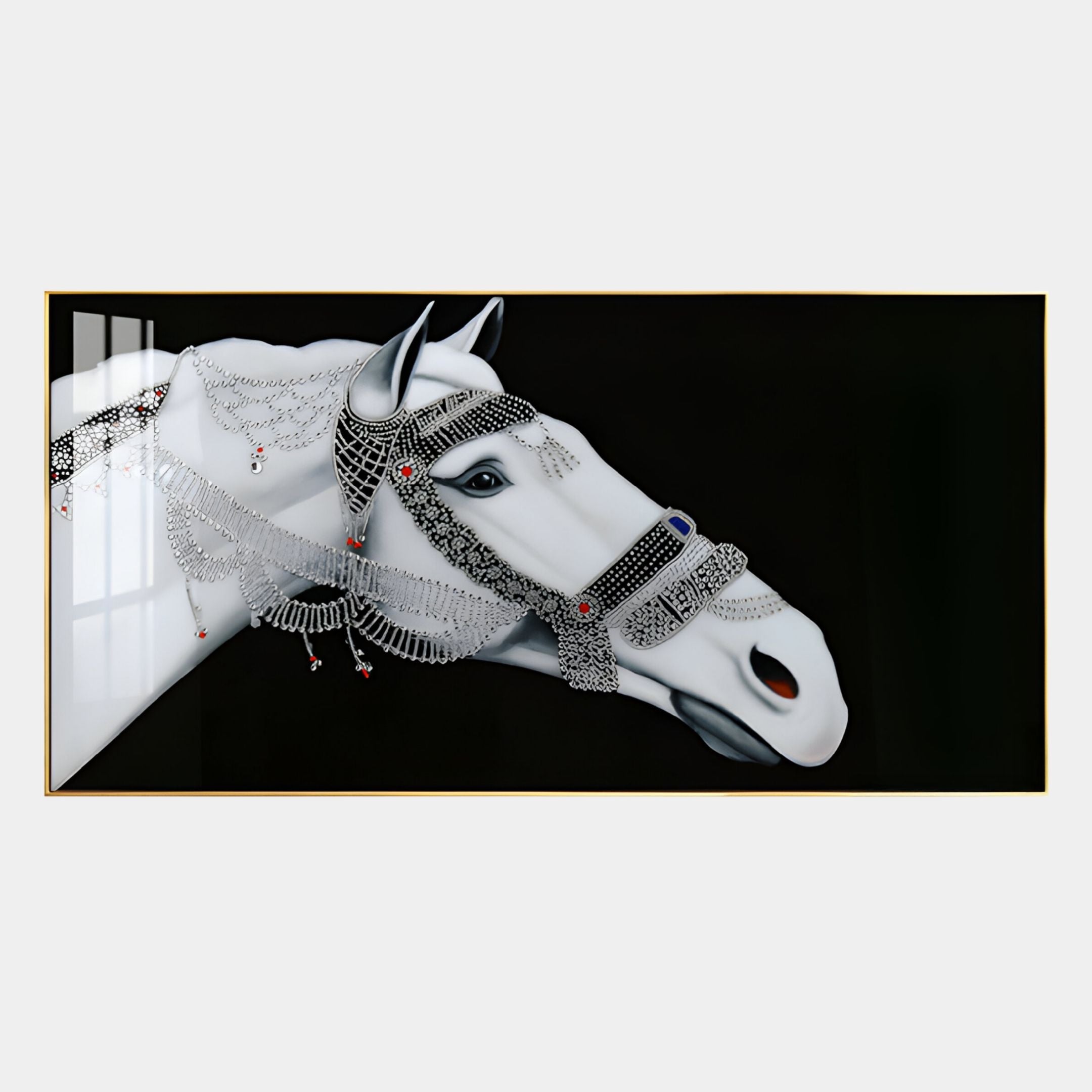Auravalor White Stallion Crystal Porcelain 3D Wall Art by Giant Sculptures features a white stallion with jeweled silver headgear on a black background, making it an elegant accent for your space.