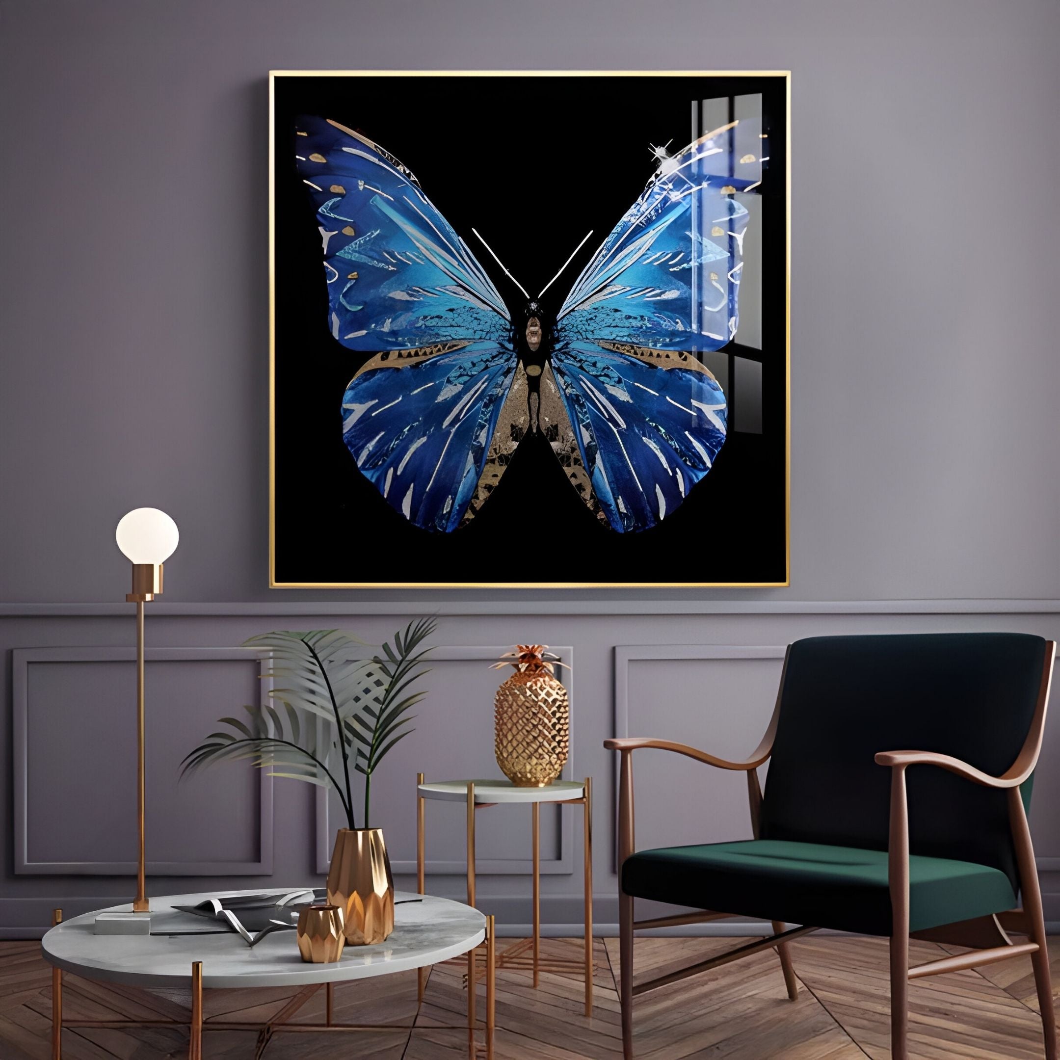 A modern living room features a dark accent wall adorned with the Auravalor Blue Butterfly Crystal Porcelain 3D Wall Art by Giant Sculptures. The elegant space includes a black chair, round coffee table with gold decor, plant, and globe lamp.