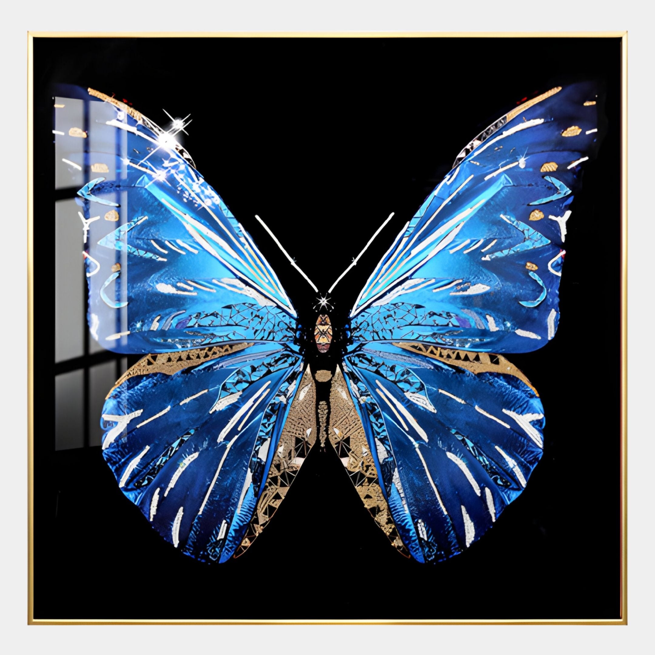 The Auravalor Blue Butterfly Crystal Porcelain 3D Wall Art by Giant Sculptures features a vivid blue butterfly with white and gold accents on a black background, highlighted by a window reflection and sparkle on its top left wing.