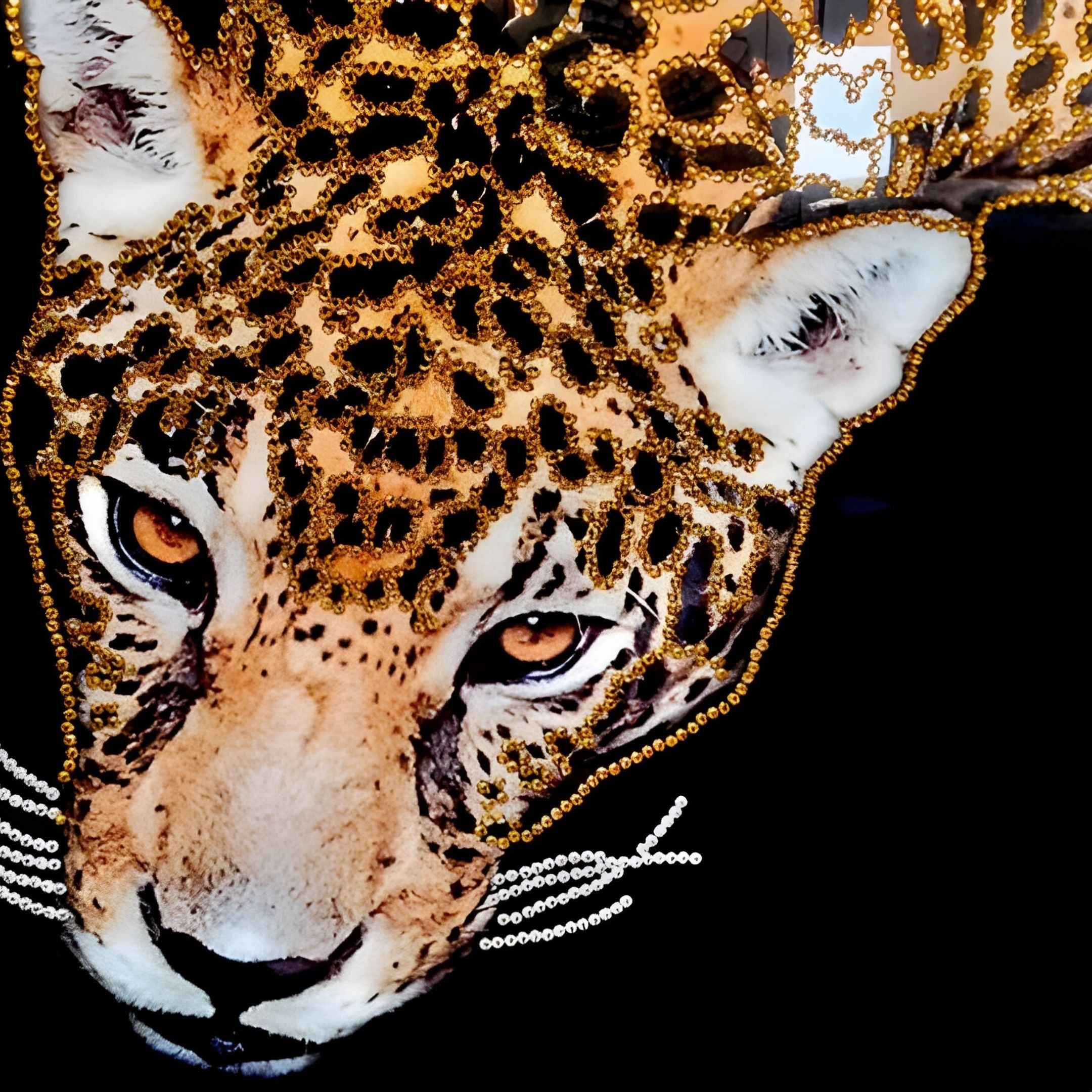 Auravalor Twin Leopards Crystal Porcelain Vertical 3D Wall Art by Giant Sculptures features intricately beaded leopard faces against a black backdrop, offering luxurious detail and depth—an ideal addition to high-end art collections.