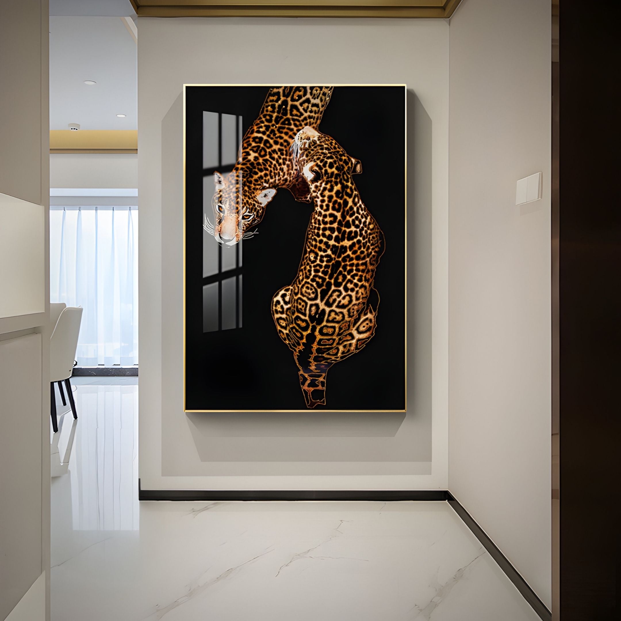 The Auravalor Twin Leopards Crystal Porcelain Vertical 3D Wall Art by Giant Sculptures hangs on a white hallway wall with a glossy floor, displaying twin leopards against a black background near a window reflection.