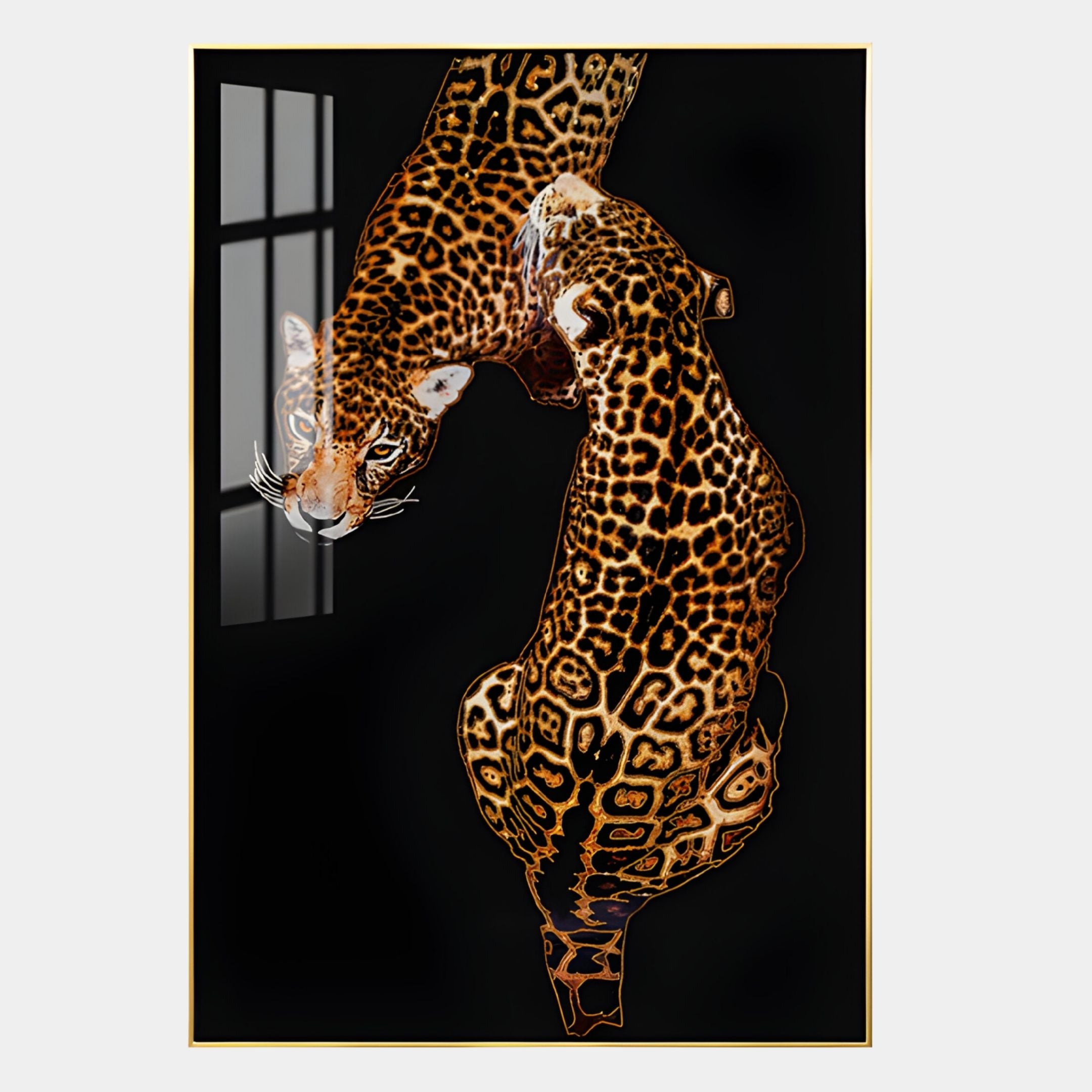 The Auravalor Twin Leopards Crystal Porcelain Vertical 3D Wall Art by Giant Sculptures features vibrant leopards with detailed spotted fur on a black background, beautifully illuminated for a luxurious, striking display.