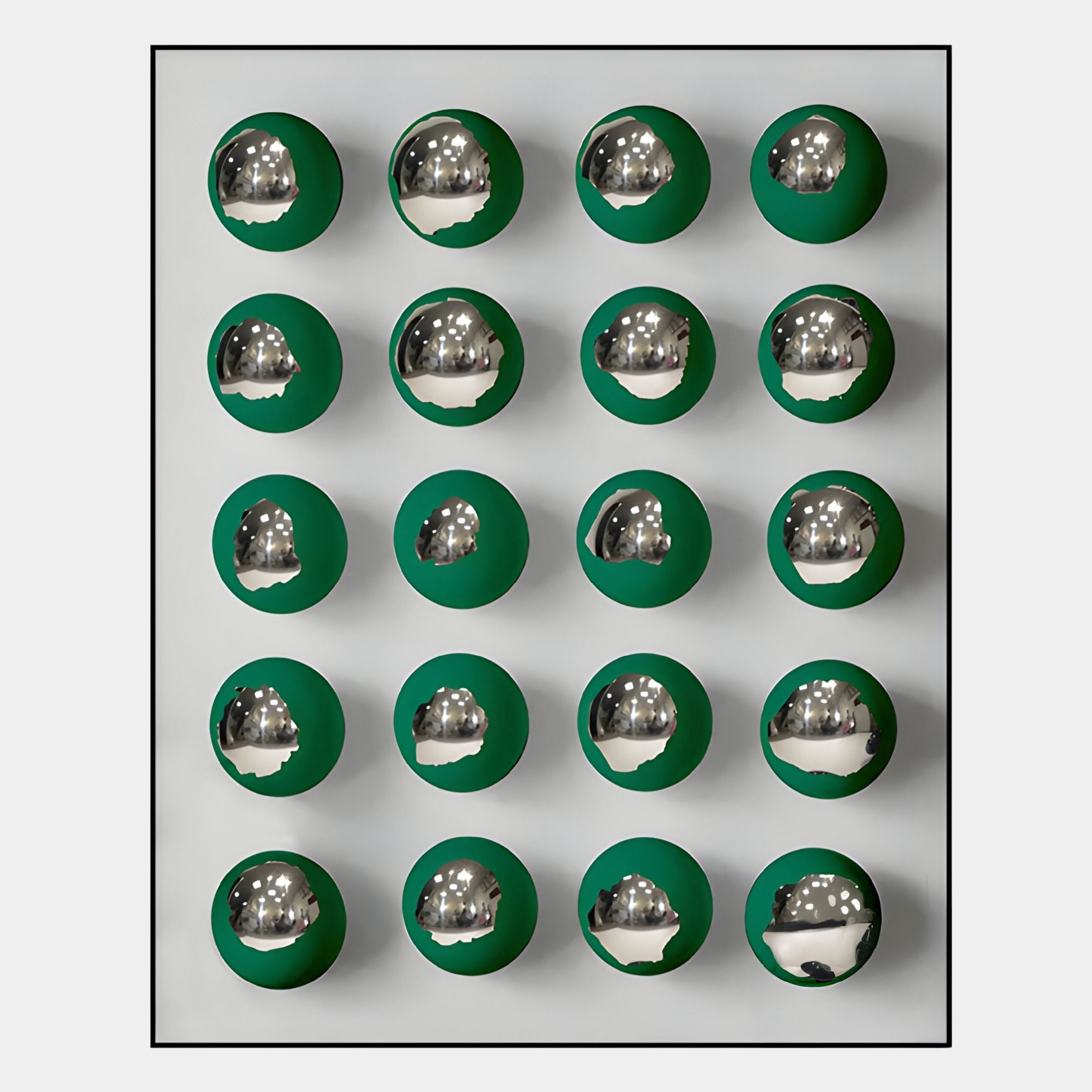Giant Sculptures’ Orbivelle Emerald-Silver Patch Sphere & White Panel 3D Wall Art features 20 reflective spheres in a geometric grid, casting soft shadows for modern Nordic or striking contemporary spaces.