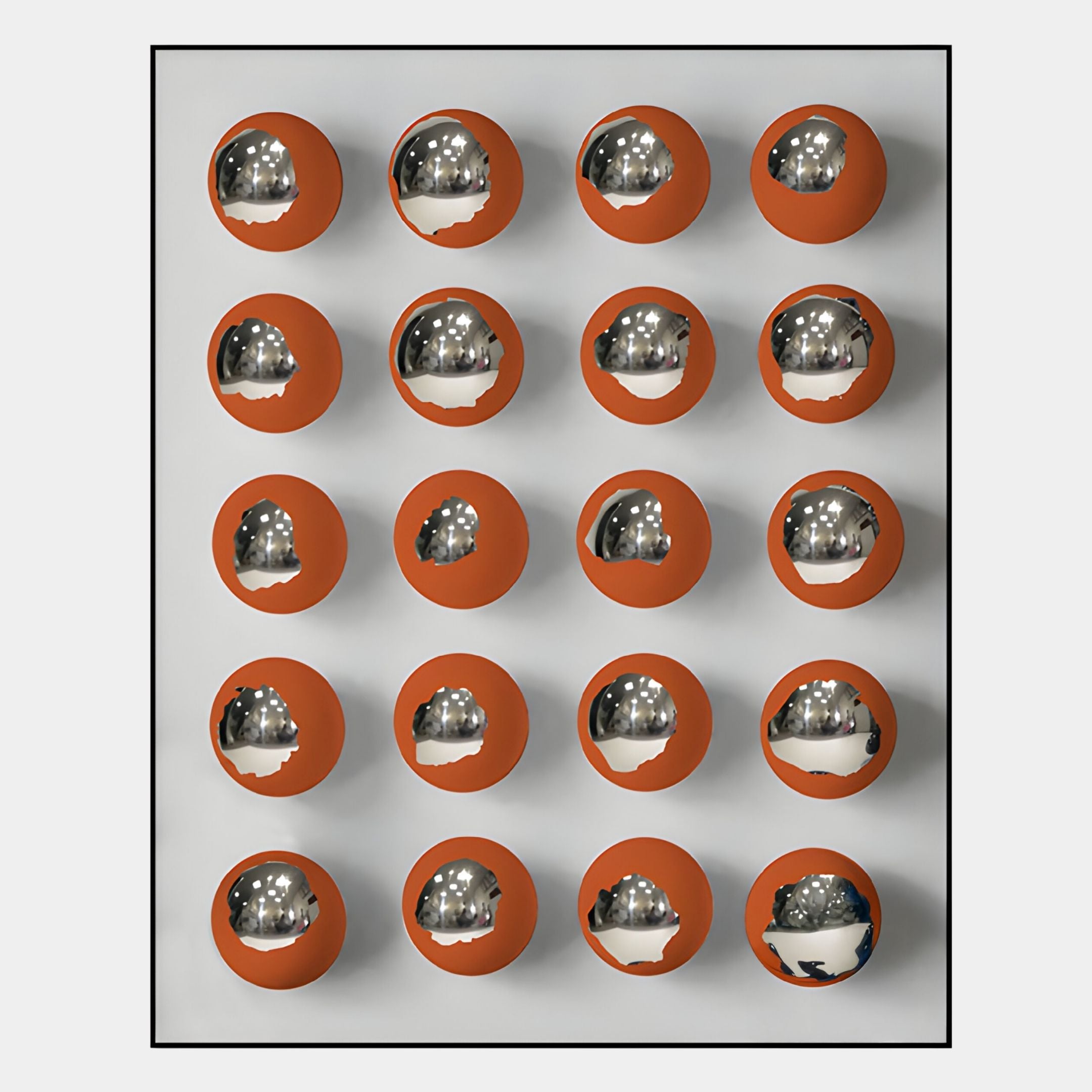 The Orbivelle Amber-Silver Patch Sphere & White Panel 3D Wall Art by Giant Sculptures features 20 orange-silver spheres in a 4x5 grid, creating striking geometric wall decor against a white background.