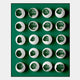 The Orbivelle White & Emerald Patch Sphere Panel 3D Wall Art by Giant Sculptures features twenty white eggshell-like forms with emerald interiors, arranged in a 5x5 grid for stunning modern wall decor.