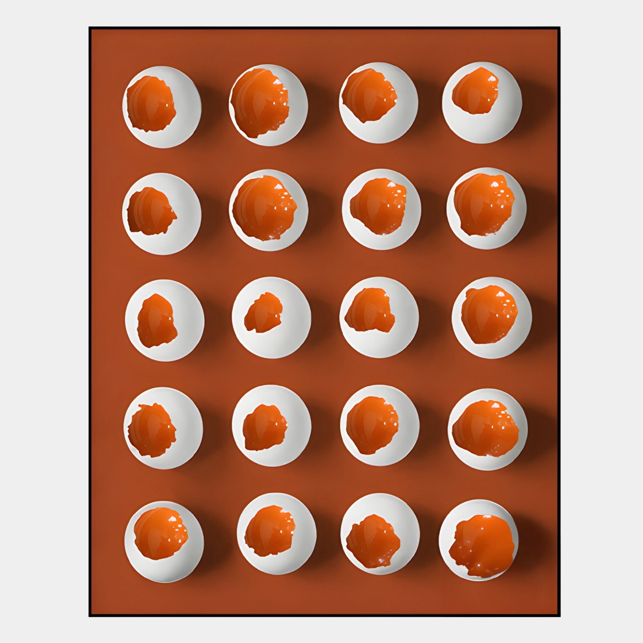 The Orbivelle White & Amber Patch Sphere Panel 3D Wall Art by Giant Sculptures features glossy, amber-toned spheres on a white grid, casting shadows for a Nordic-inspired 3D wall decor effect.