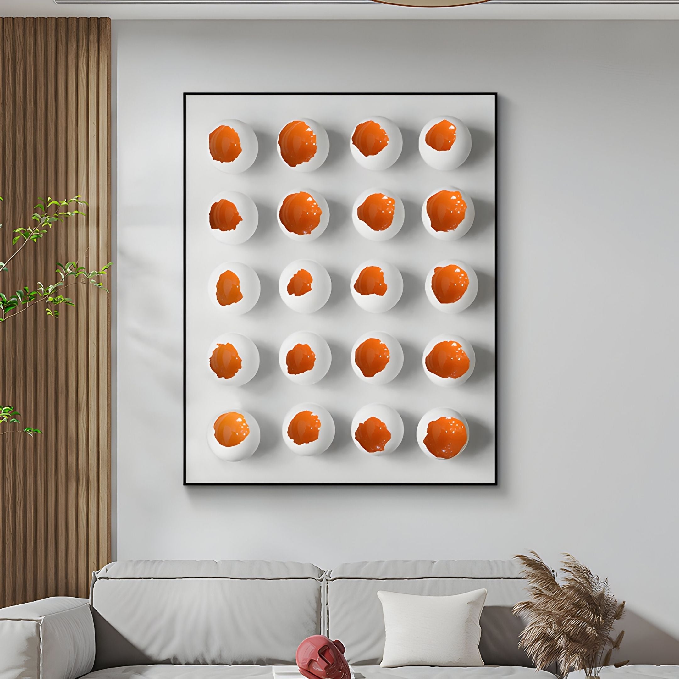 The Orbivelle Amber Patch Sphere & White Panel 3D Wall Art by Giant Sculptures hangs above a light gray couch, adding sculptural interest and modern style to your living room's neutral aesthetic.