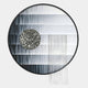 Lunastria Silver Disc & Vertical Crystal Beads Round 3D Wall Art featuring charcoal-to-silver gradient bands, a hammered silver disc, and cascading crystal bead strands in a brushed aluminium circular frame on a light background.