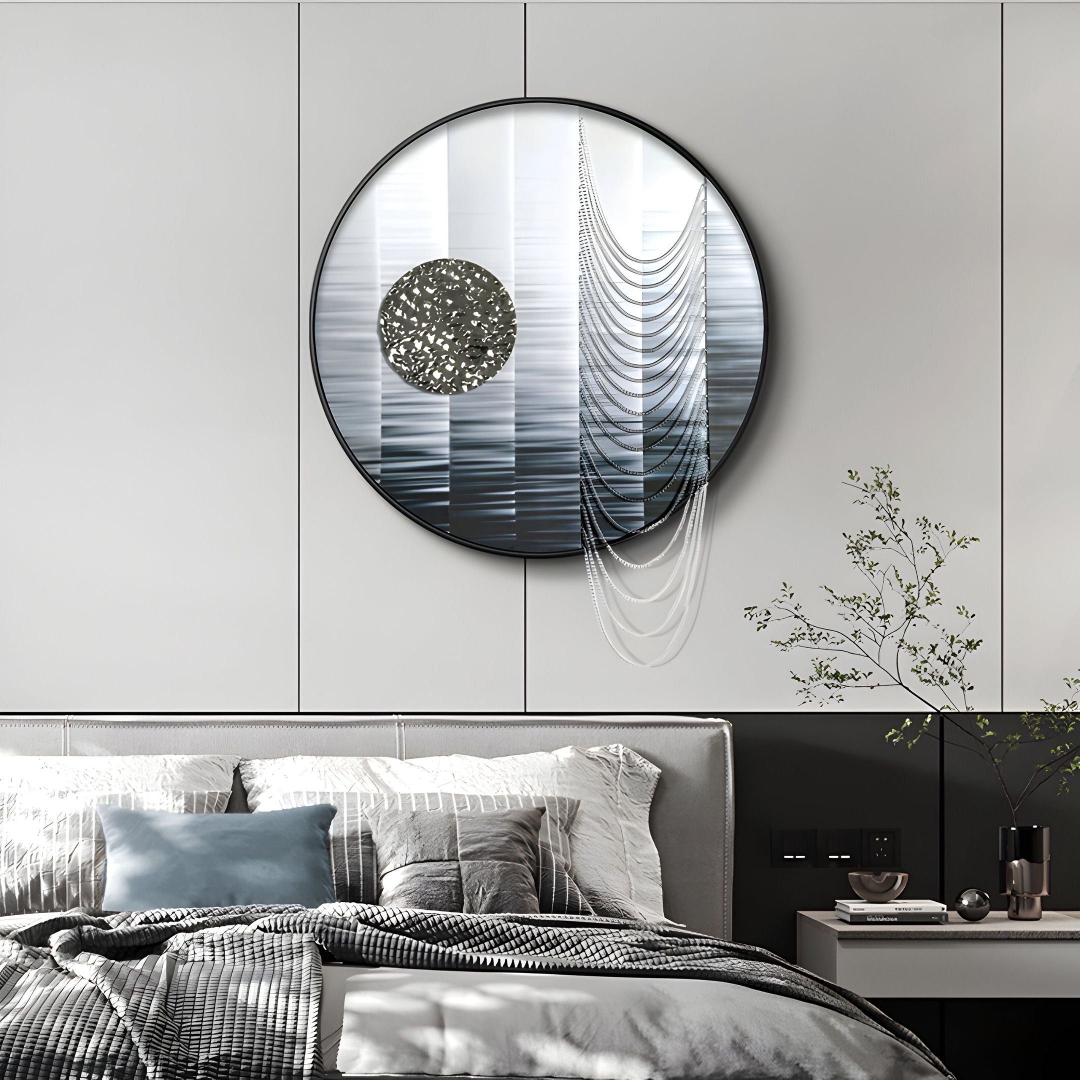 A modern bedroom with a neatly made bed, decorative pillows, a bedside table with a plant, and the Lunastria Silver Disc & Chain Crystal Beads Round 3D Wall Art by Giant Sculptures on a minimalist grey wall.