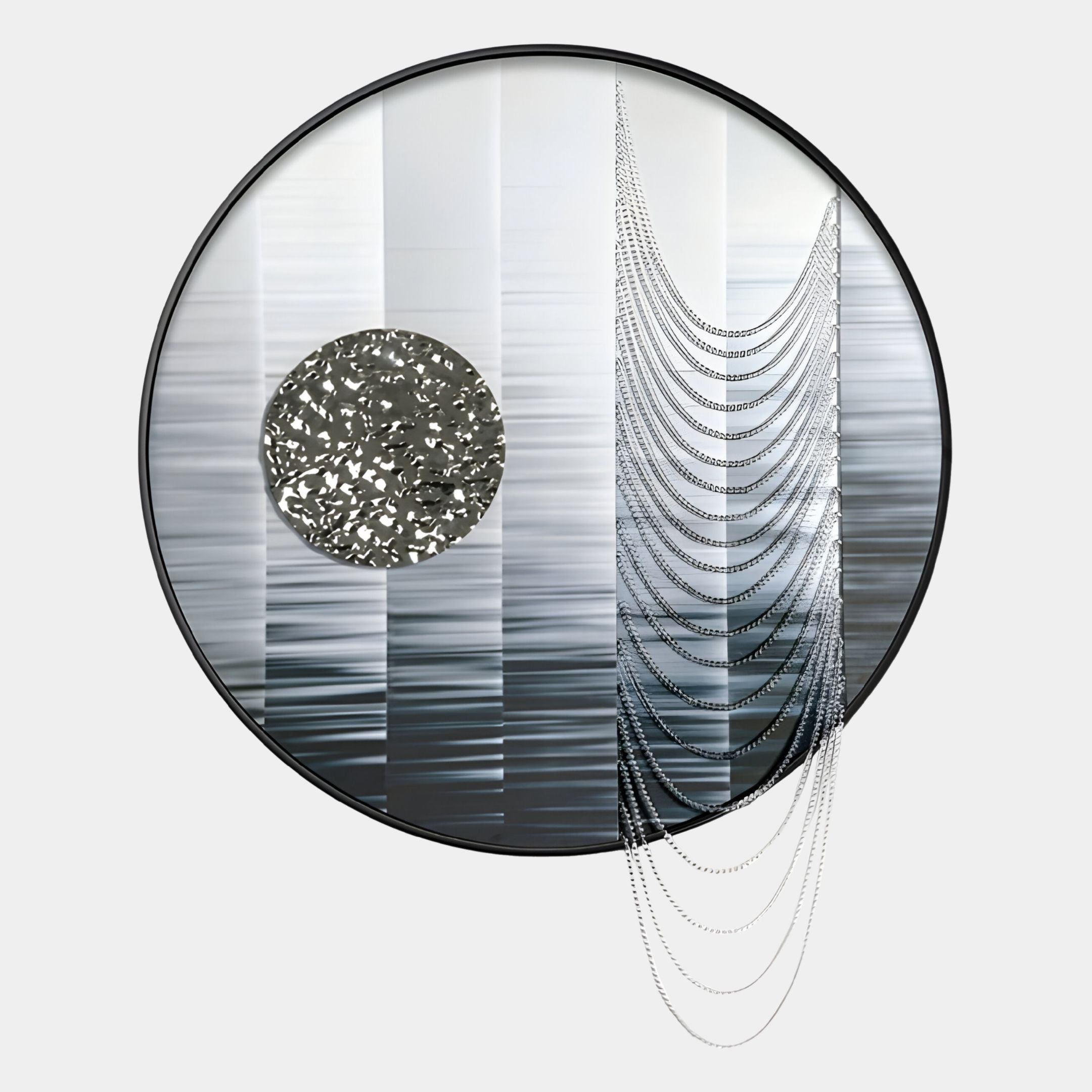 The Lunastria Silver Disc & Chain Crystal Beads Round 3D Wall Art by Giant Sculptures features a gradient gray striped background, a metallic textured circle on the left, and curved silver chains draped across the piece.