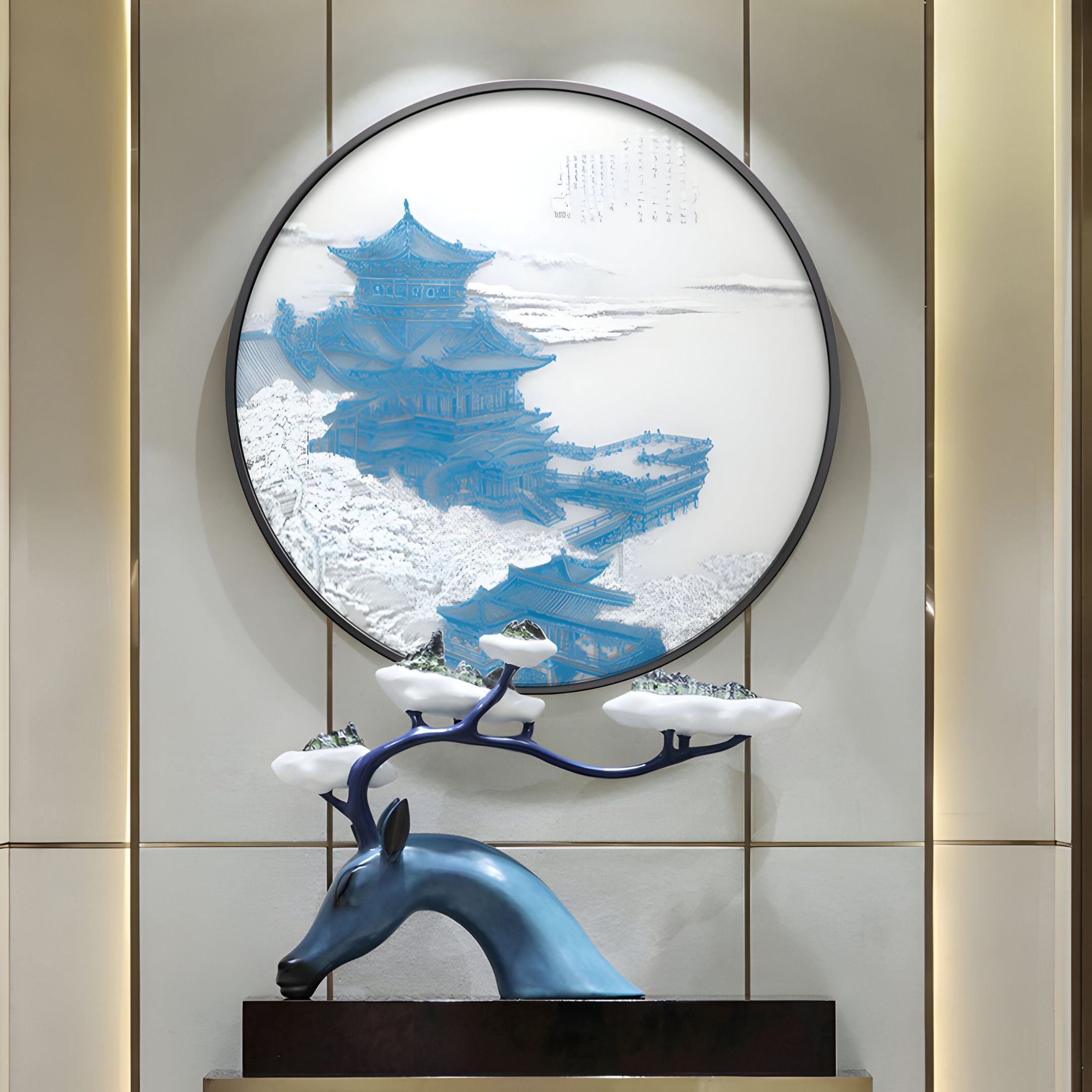 A blue deer head sculpture with antlers holding cloud platforms is displayed beneath the Yunsei Blue Temple Ridge Round Silk Relief 3D Wall Art by Giant Sculptures, featuring a blue-toned Chinese pagoda landscape.