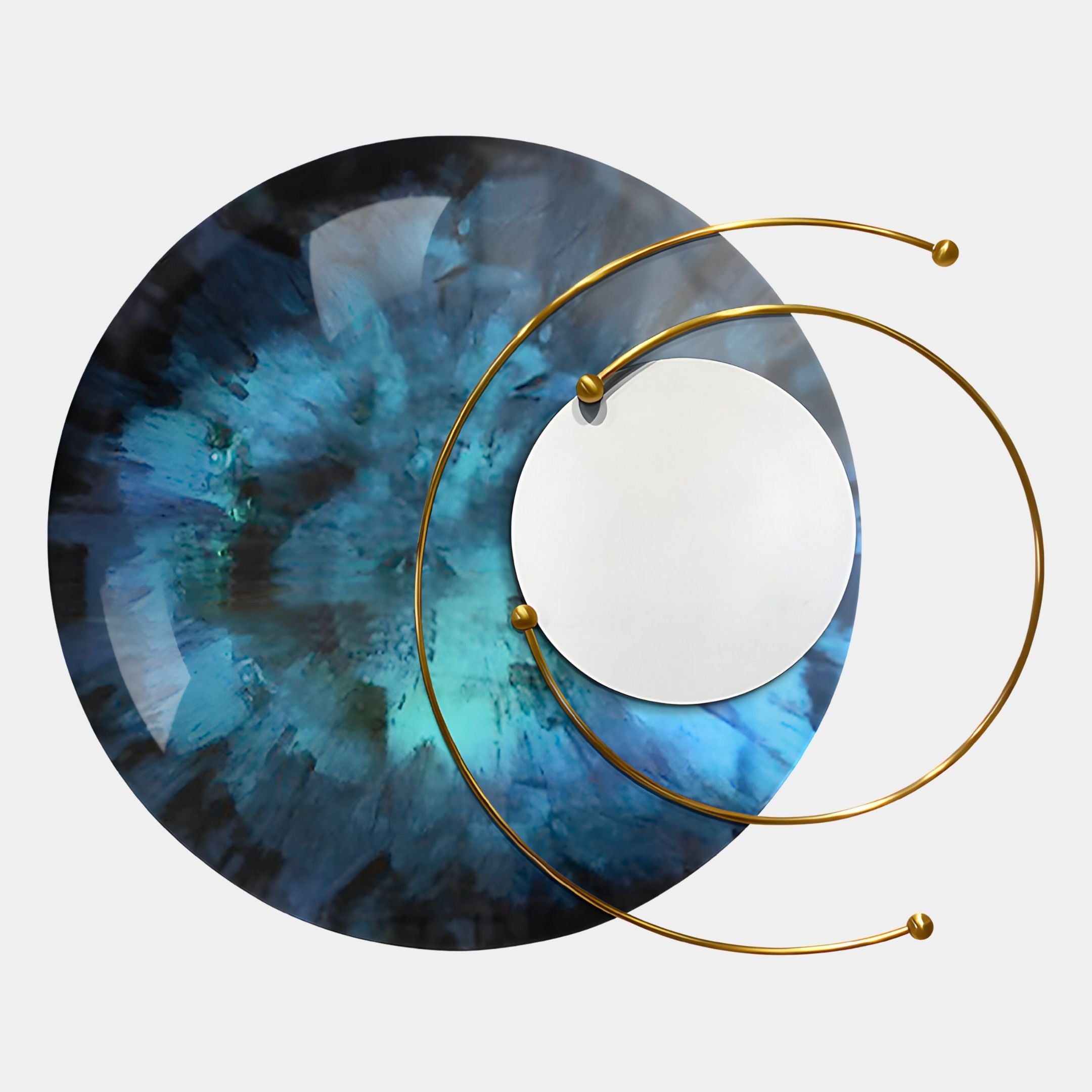 The Aurelios Deep Teal Crystal Porcelain & Gold Orbit 3D Wall Art by Giant Sculptures features a large circular blue and black iris-like design with a small mirror and two gold arcs, creating a stunning orbit effect against a light background.