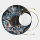 The Aurelios Molten Steel Crystal Porcelain & Gold Orbit 3D Wall Art by Giant Sculptures features a large multicolored disk, a small mirror, and intersecting gold rings for striking modern abstract decor.