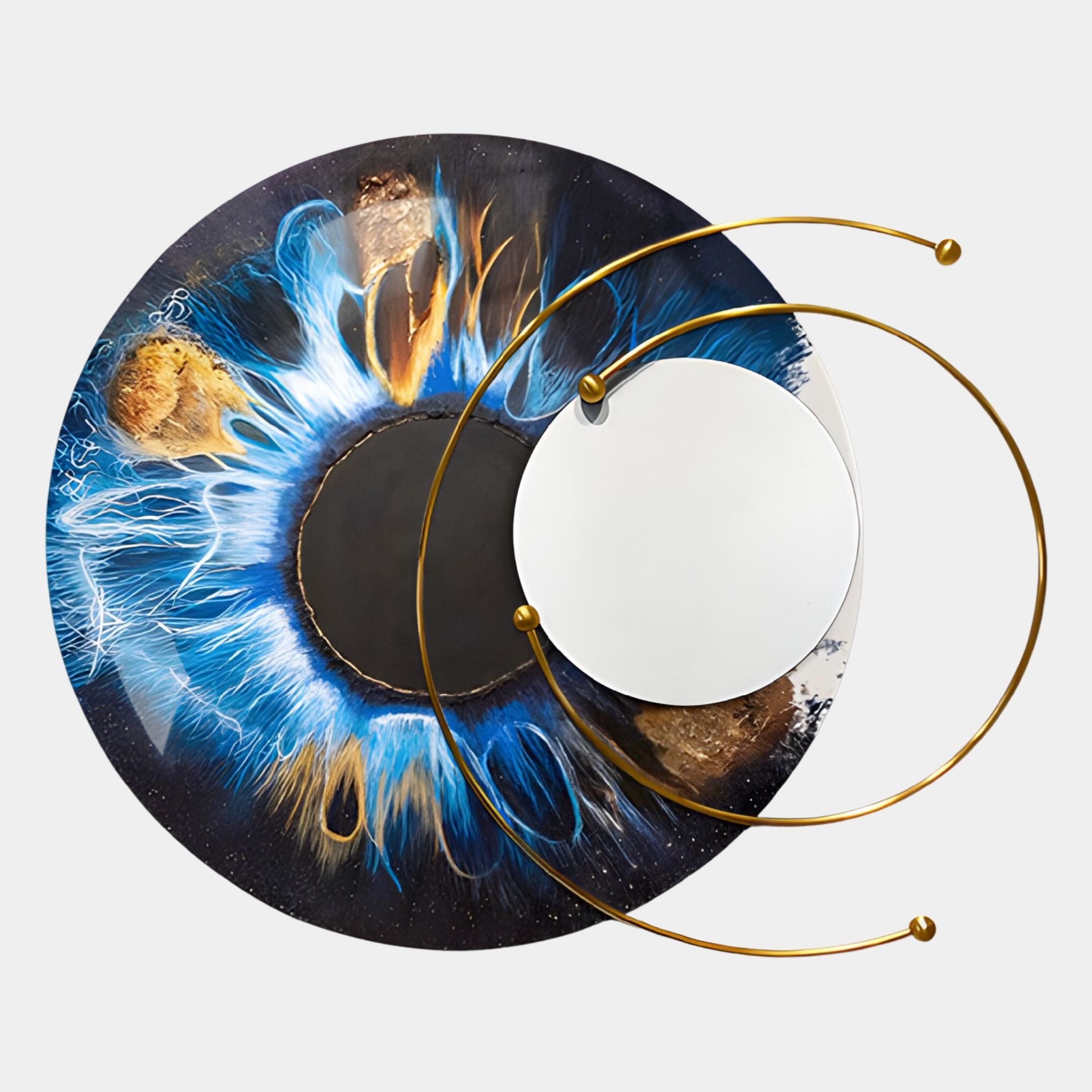 The Aurelios Cosmic Blue Crystal Porcelain & Gold Orbit 3D Wall Art by Giant Sculptures features a striking blue and brown iris design with electric patterns, highlighted by gold rings and a mirror for modern sculptural wall decor.