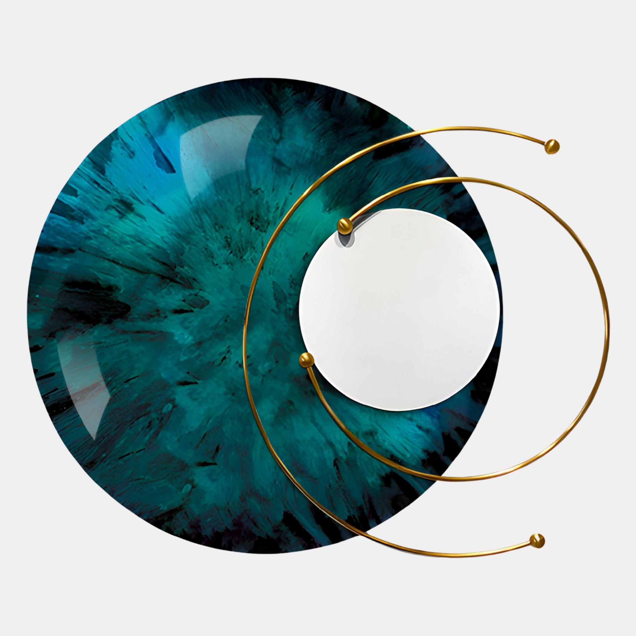 The Aurelios Emerald Crystal Porcelain & Gold Orbit 3D Wall Art by Giant Sculptures showcases a blue-green disk with black streaks, a white circle, and gold rods—premium decor for modern interiors.