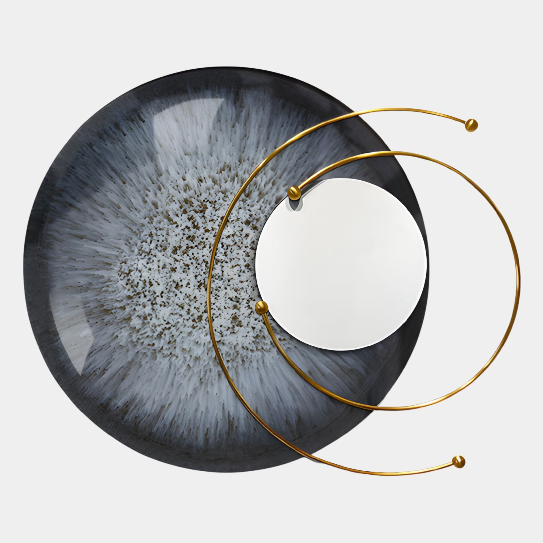 Aurelios Frost Grey Crystal Porcelain & Gold Orbit 3D Wall Art by Giant Sculptures features a round blue and white radial design, a small mirror, and intersecting gold arcs set against a white background.