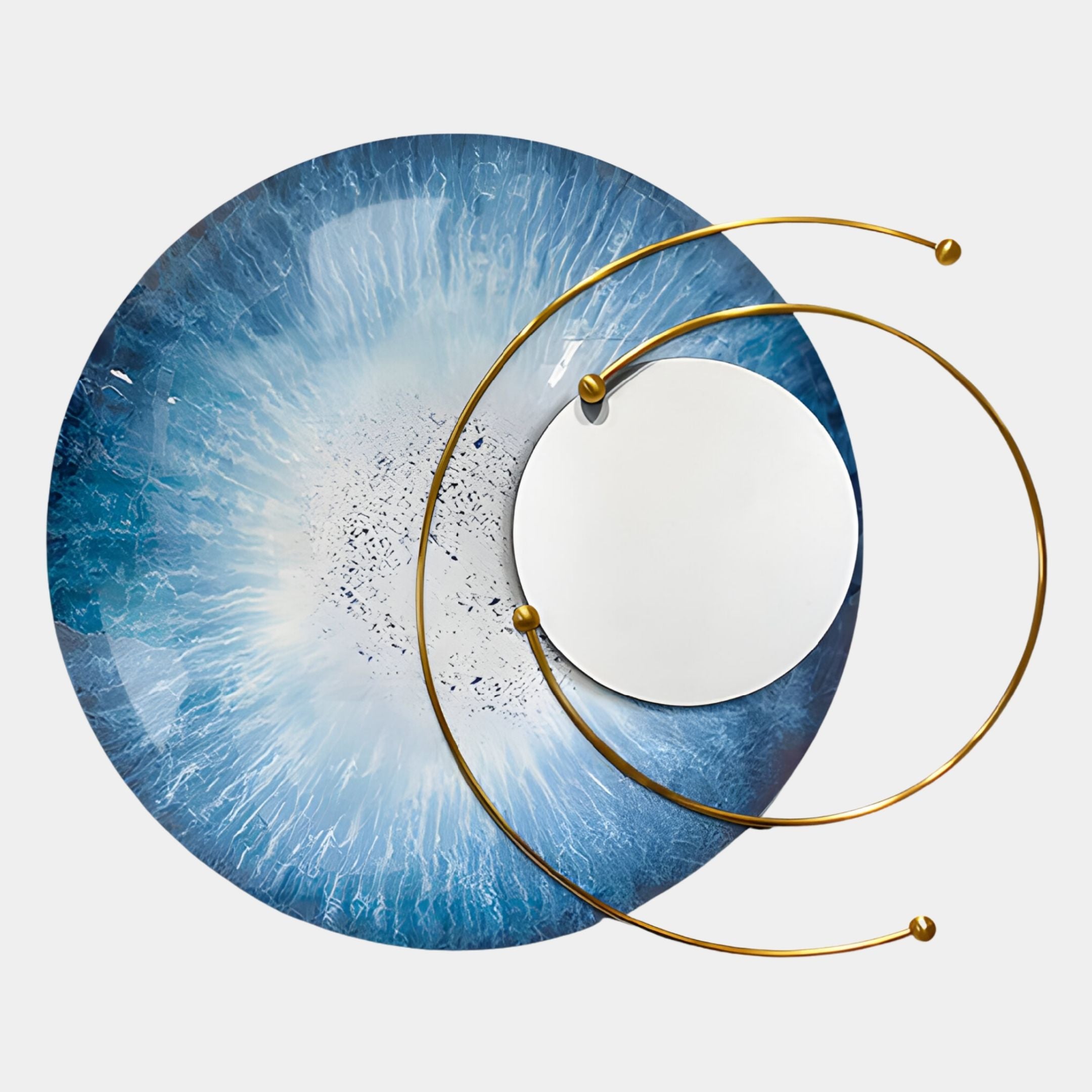 Enhance your contemporary space with the Aurelios Ice Blue Crystal Porcelain & Gold Orbit 3D Wall Art by Giant Sculptures, featuring a blue and white circular design, round mirror, and gold metal arcs for modern appeal.
