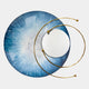 Enhance your contemporary space with the Aurelios Ice Blue Crystal Porcelain & Gold Orbit 3D Wall Art by Giant Sculptures, featuring a blue and white circular design, round mirror, and gold metal arcs for modern appeal.