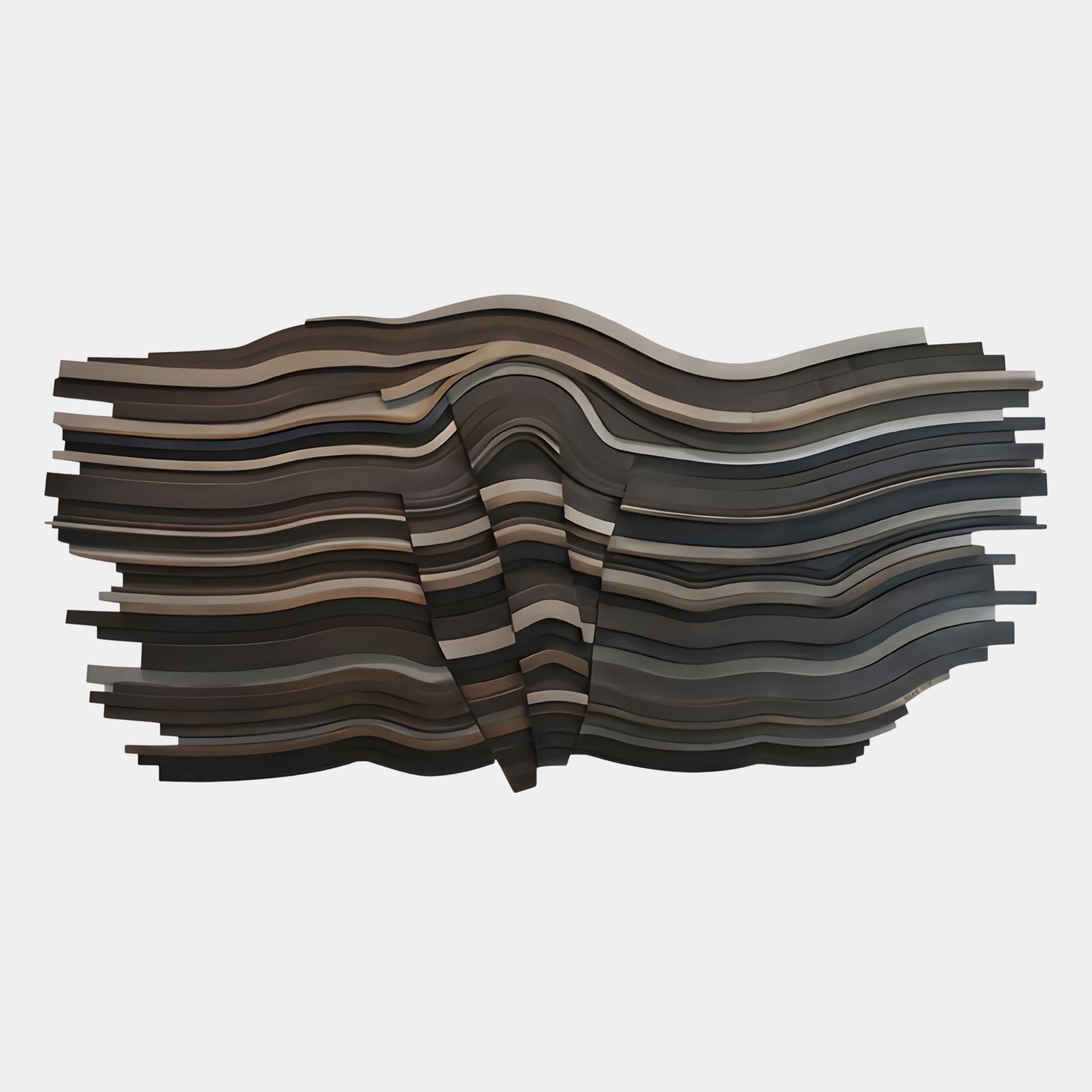 The Stratava Driftwave Layered Wood Carving 3D Wall Art by Giant Sculptures features hand-carved, wavy strips in brown, gray, and black, creating a flowing, abstract effect against a white background.